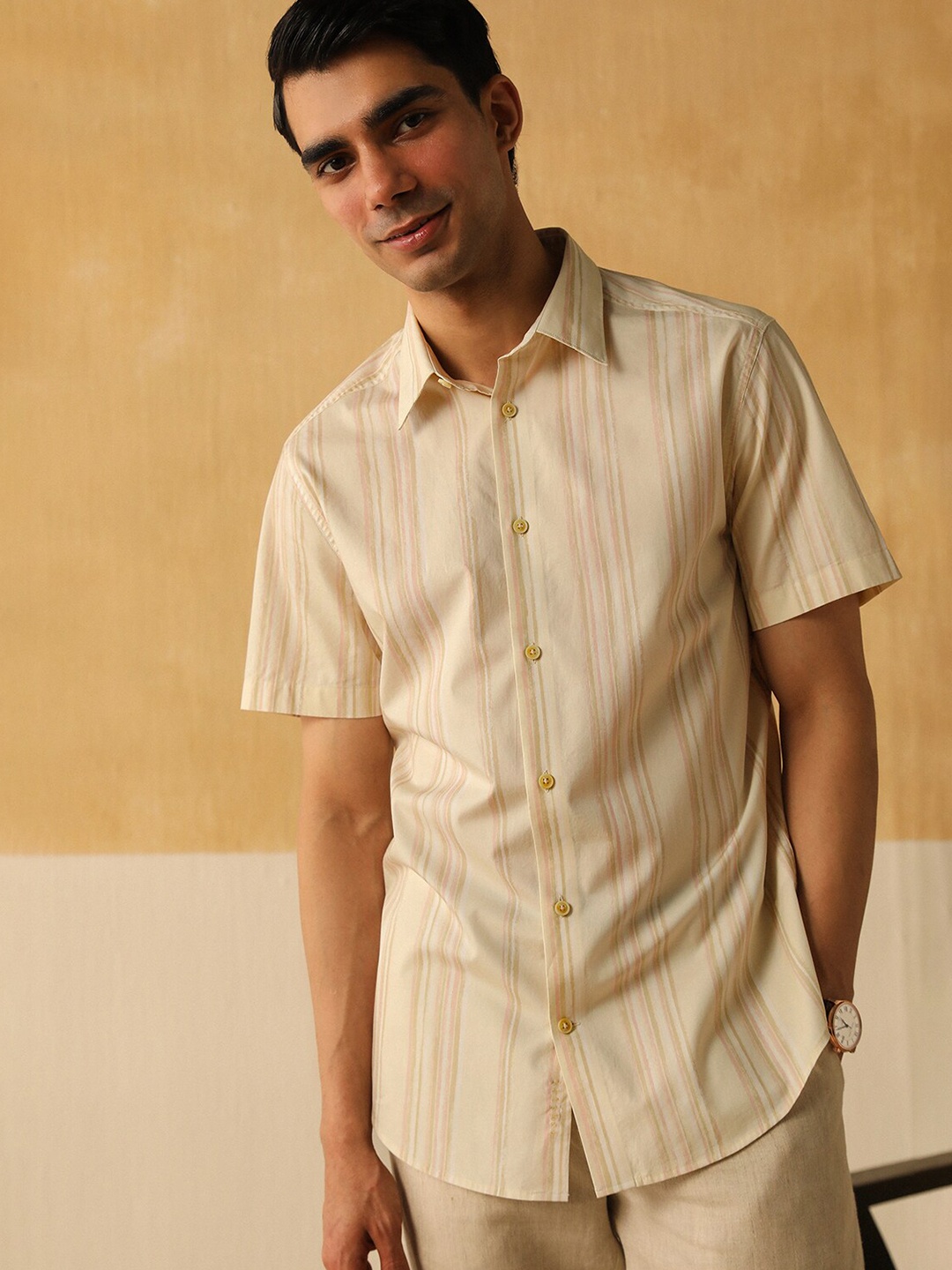 

Andamen Premium Striped Cotton Casual Shirt, Beige