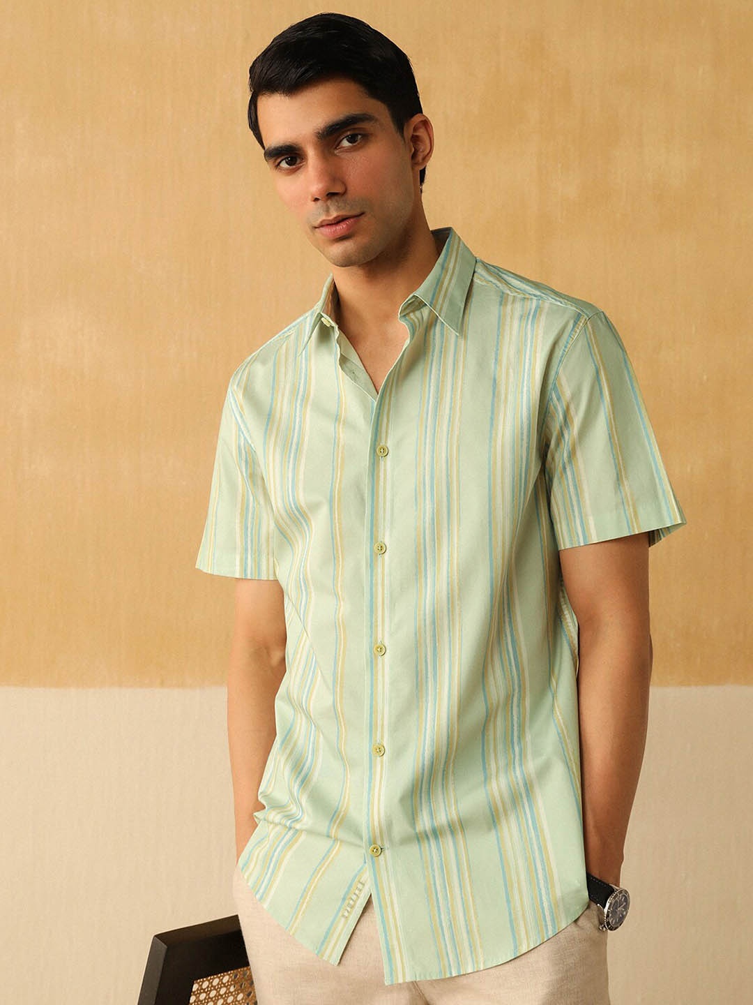 

Andamen Premium Striped Spread Collar Short Sleeves Cotton Casual Shirt, Teal