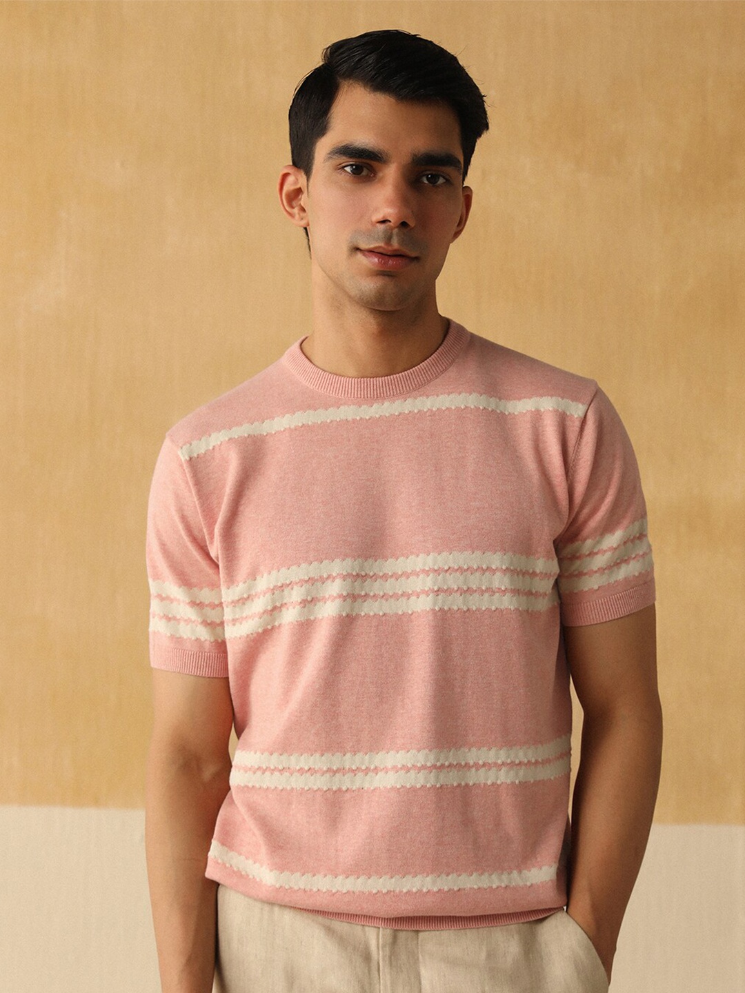 

Andamen Horizontal Striped Crew Neck Short Sleeves Casual T-shirt, Pink