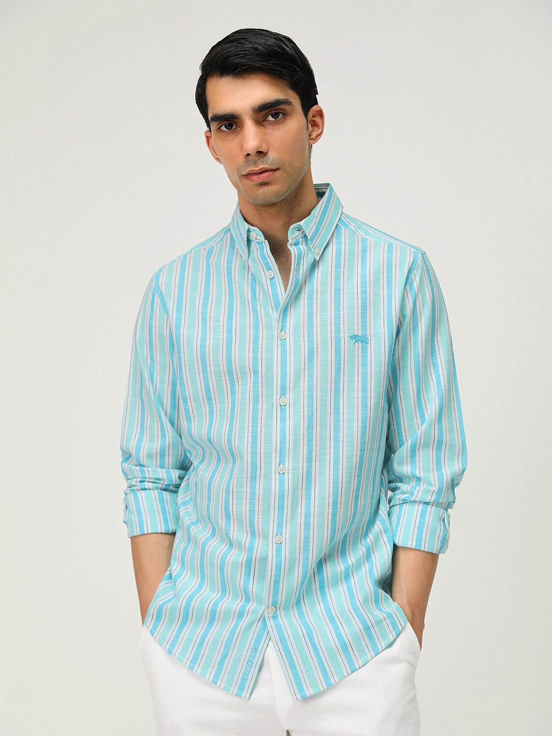 

Andamen Premium Slim Fit Vertical Stripes Full Sleeve Cotton Shirt, Blue