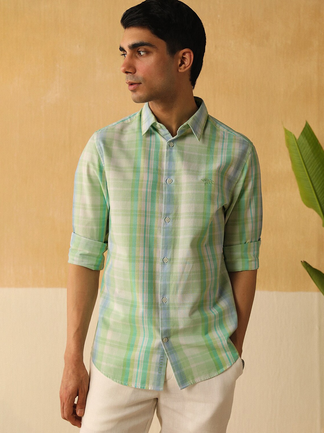

Andamen Premium Slim Fit Tartan Checked Spread Collar Long Sleeves Cotton Casual Shirt, Green
