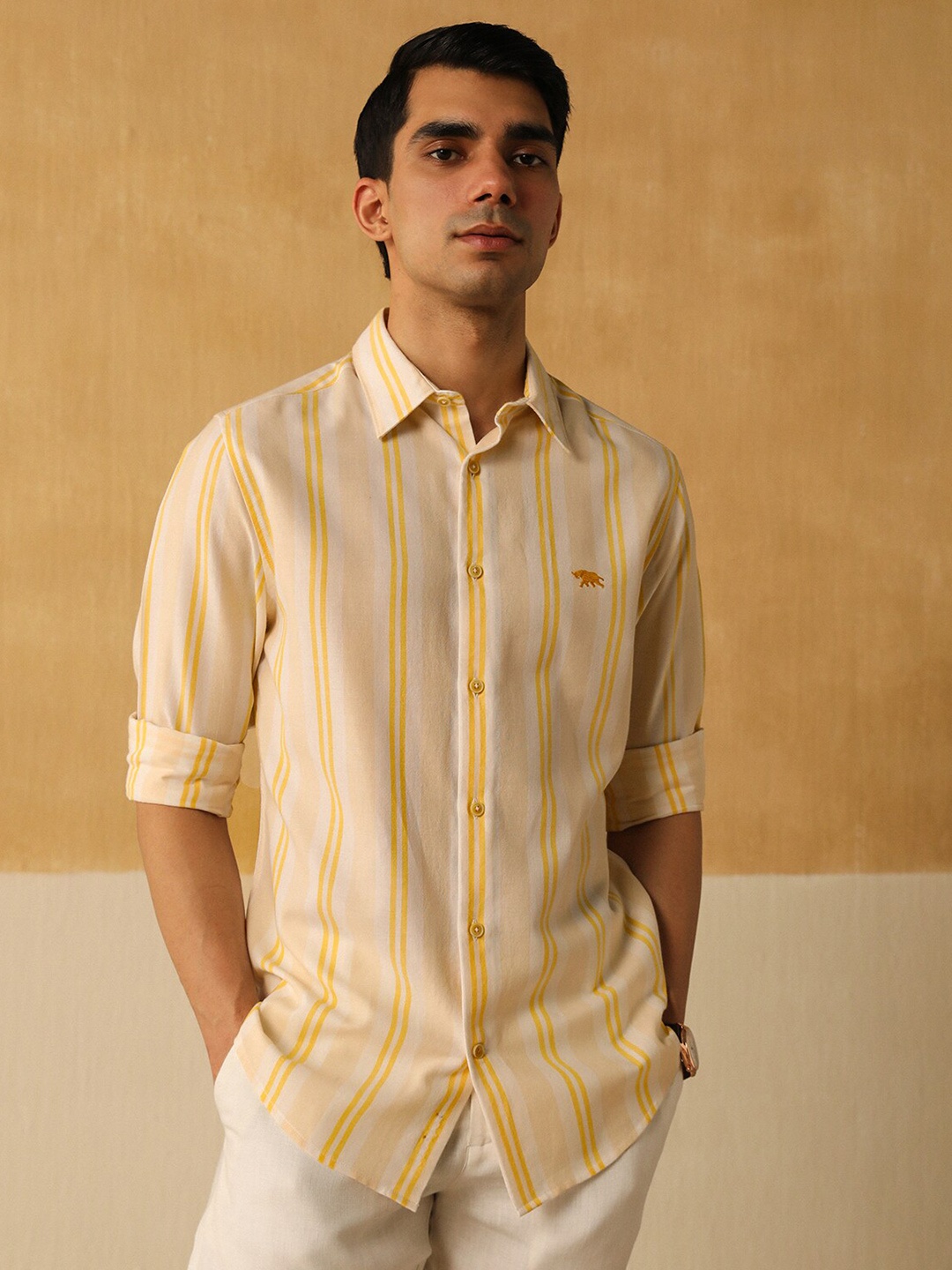 

Andamen Premium Striped Cotton Slim Fit Casual Shirt, Yellow
