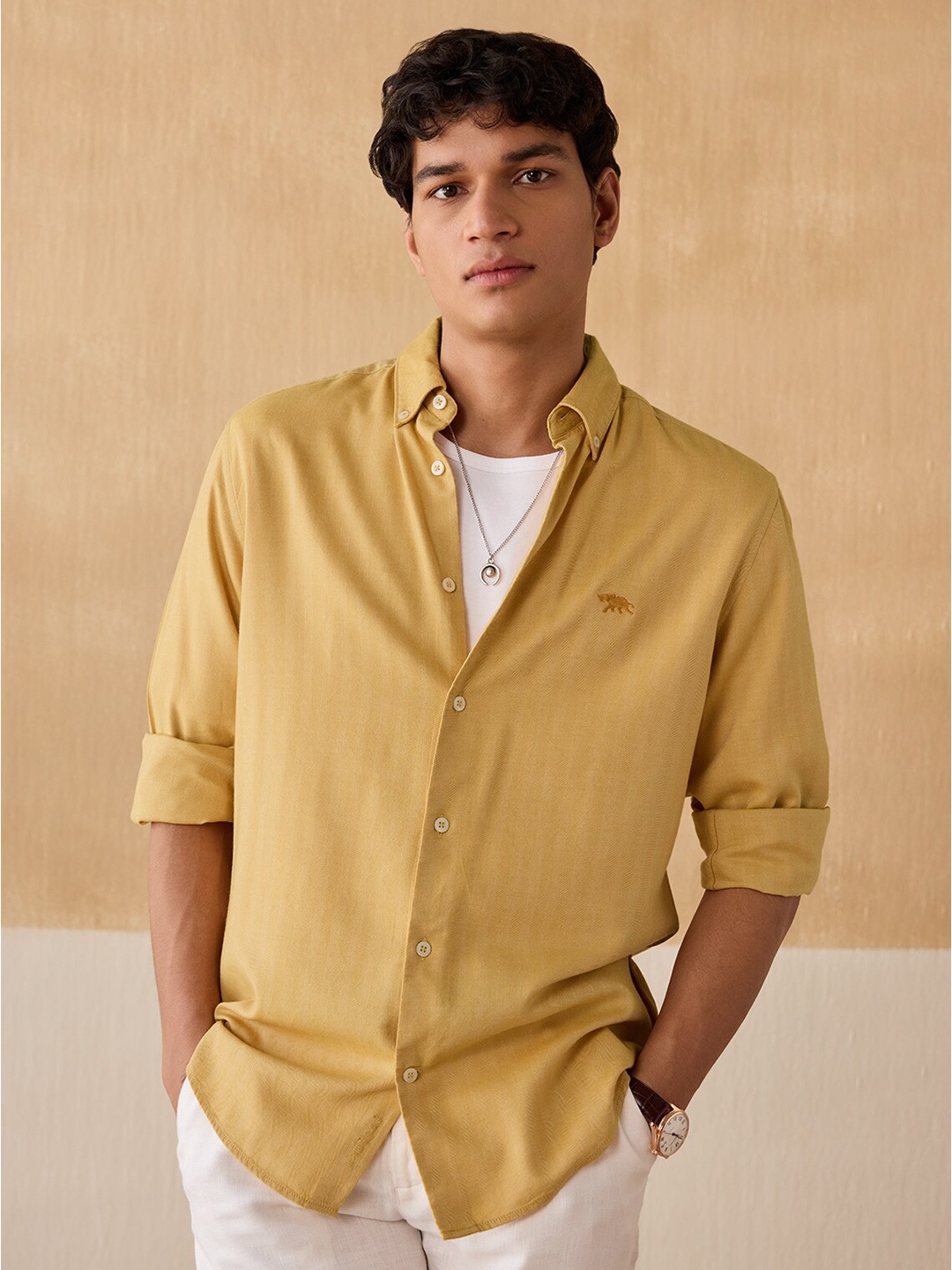 

Andamen Premium Slim Fit Button-Down Collar Long Sleeves Cotton Casual Shirt, Yellow