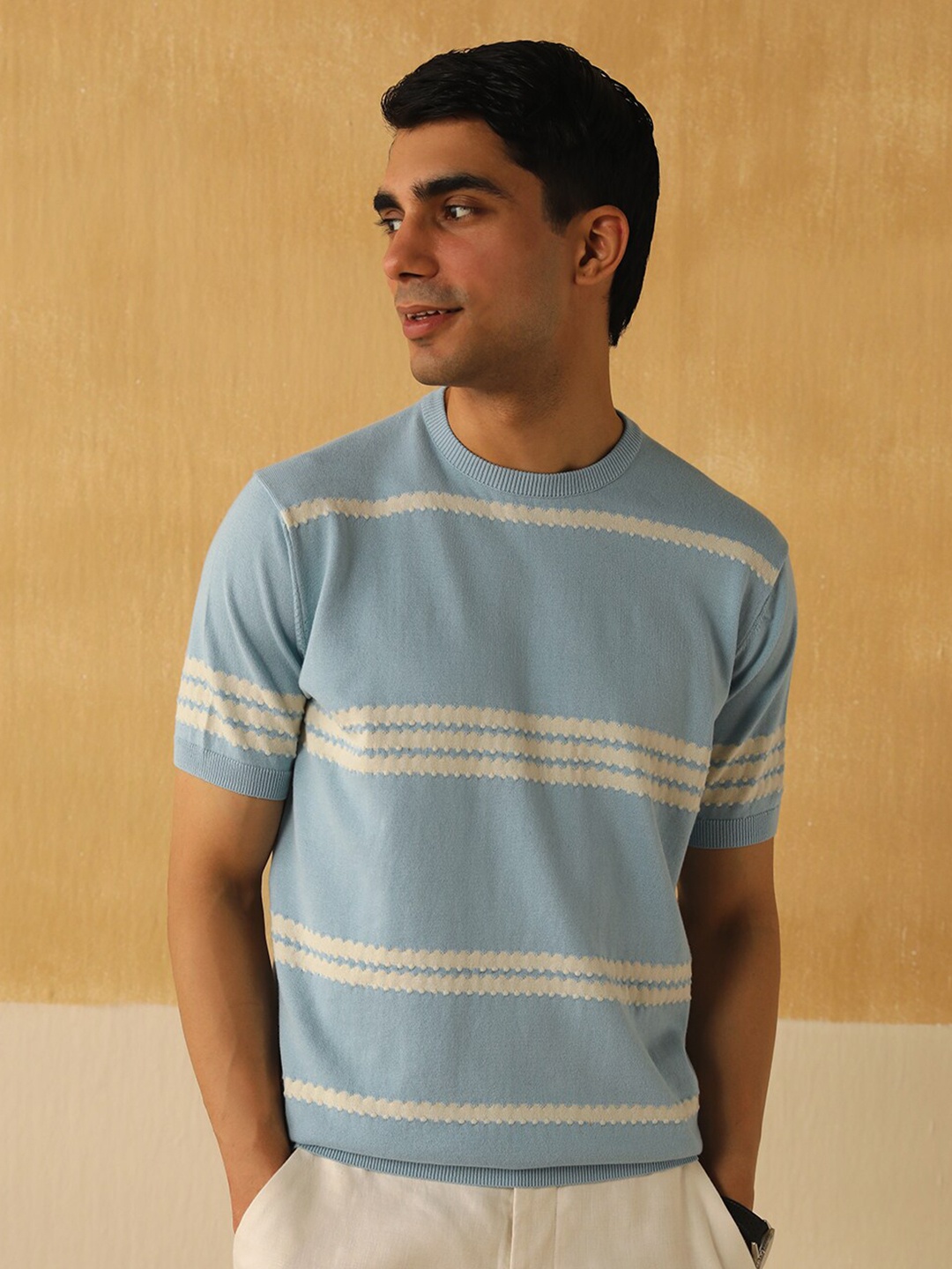 

Andamen Striped Short Sleeves Round Neck Cotton T-shirt, Blue