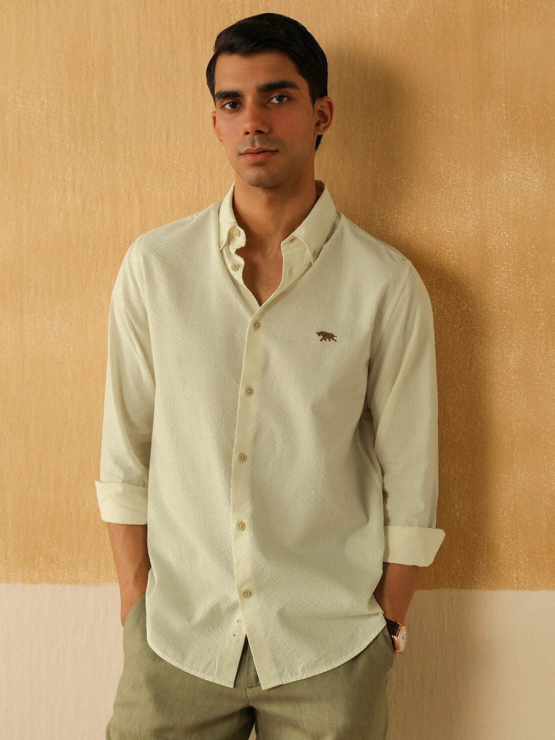 

Andamen Premium Slim Fit Button-Down Collar Long Sleeves Cotton Casual Shirt, Off white