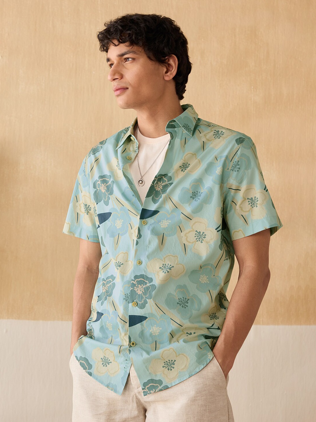 

Andamen Premium Abstract Printed Cotton Slim Fit Casual Shirt, Teal