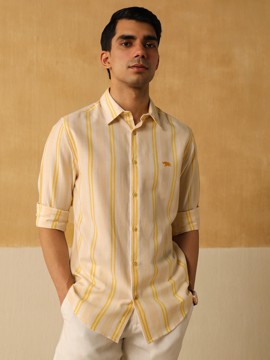 

Andamen Premium Opaque Striped Cotton Casual Shirt, Yellow