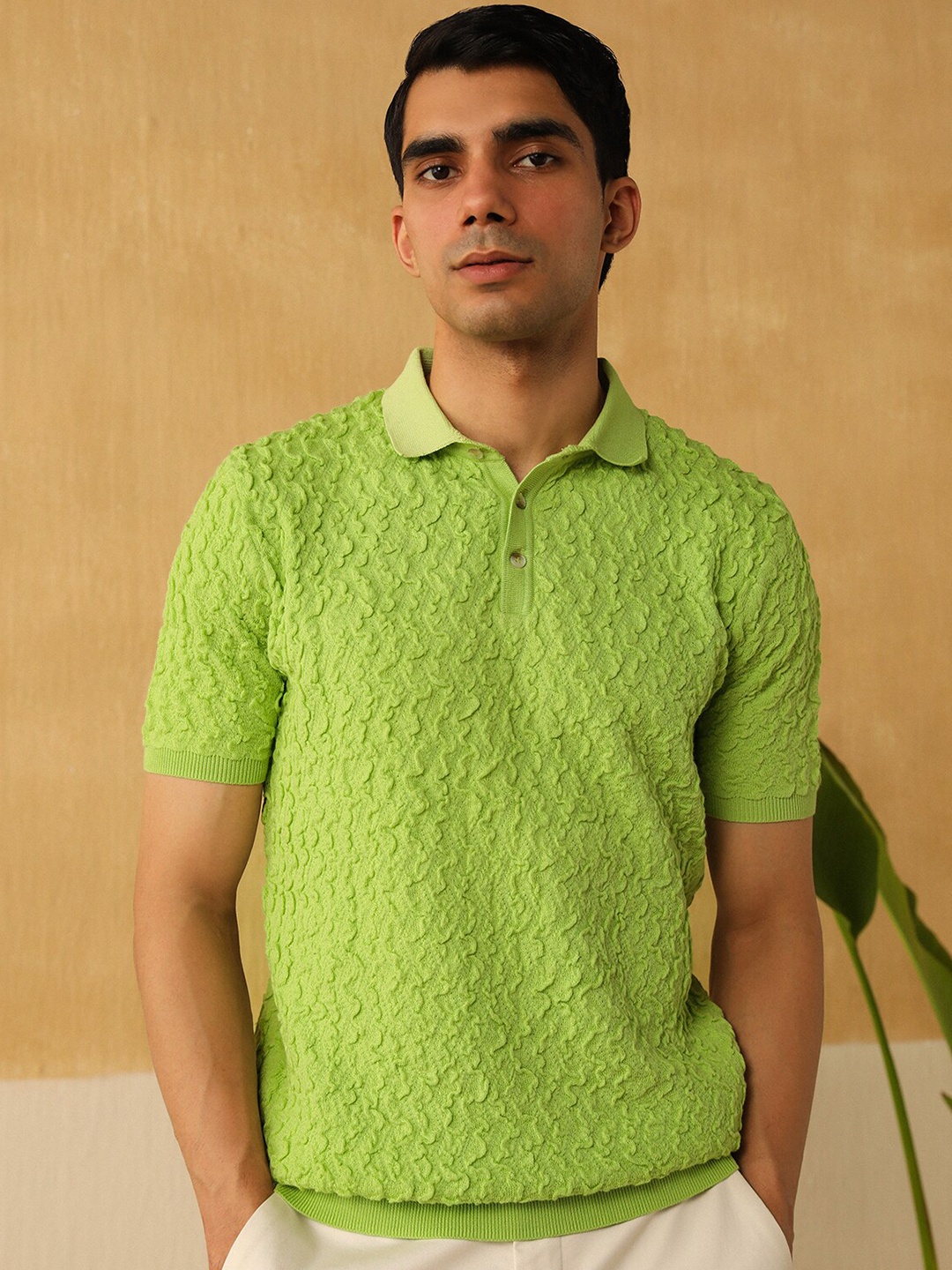 

Andamen Self Design Polo Collar Short Sleeves Cotton T-shirt, Green