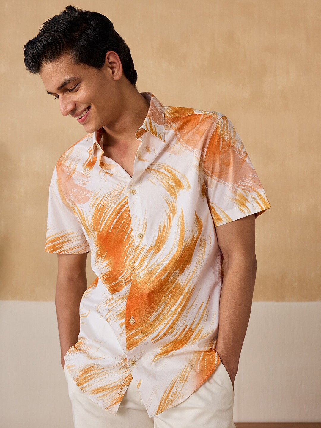 

Andamen Premium Abstract Printed Spread Collar Half Sleeves Cotton Shirt, Orange