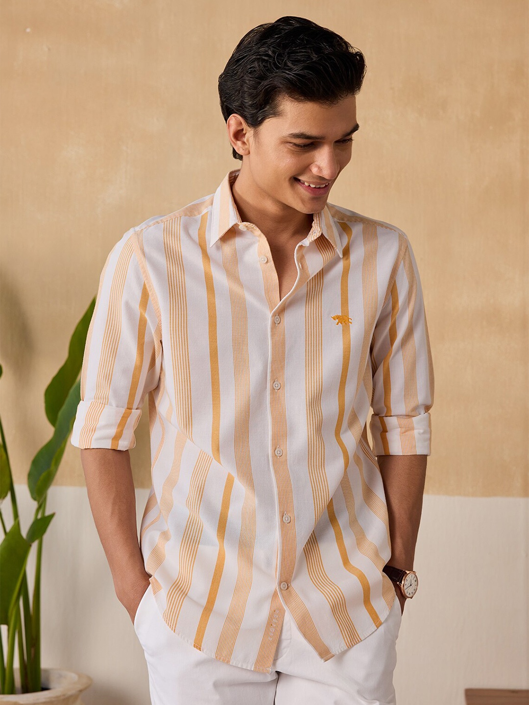 

Andamen Premium Slim Fit Opaque Striped Cotton Casual Shirt, Orange