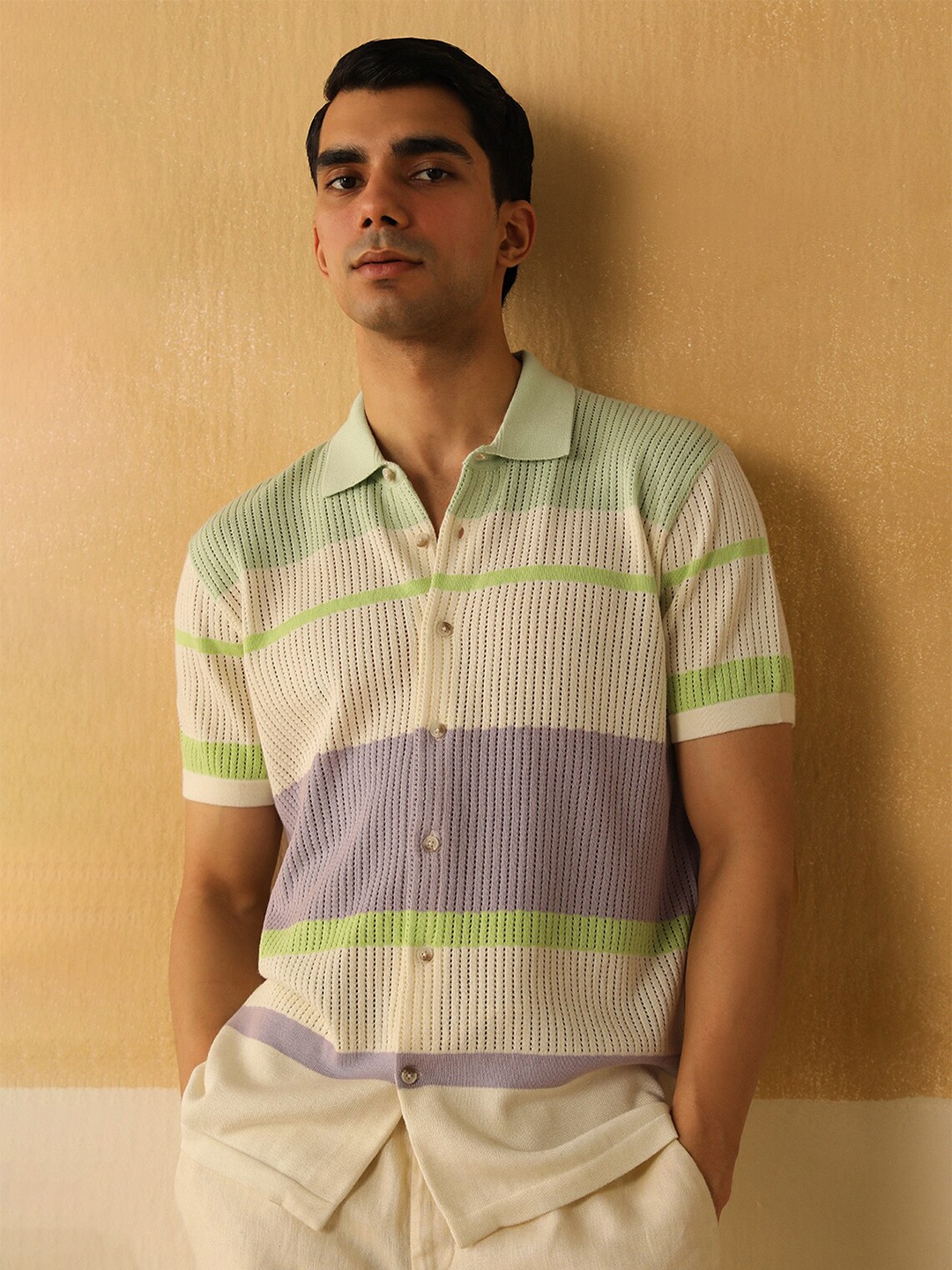 

Andamen Premium Textured Self Design Spread Collar Cotton Casual Shirt, Green