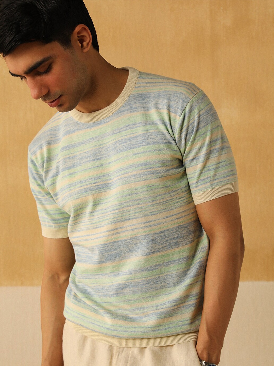 

Andamen Striped Round Neck Short Sleeves Cotton Casual Tshirt, Off white