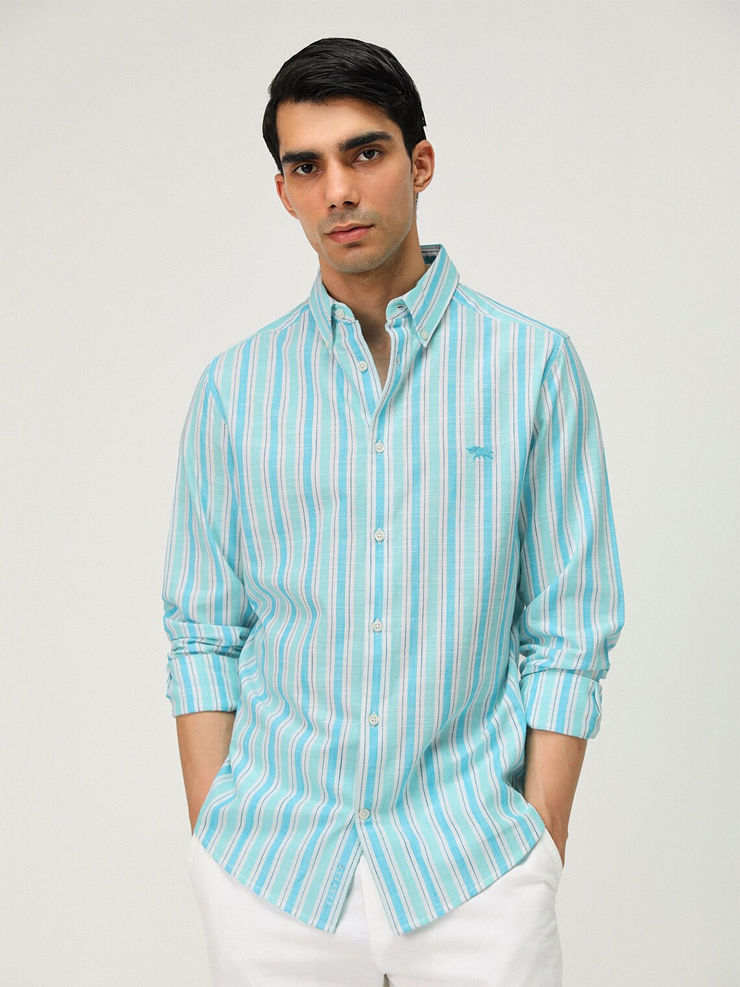 

Andamen Premium Striped Button Down Collar Opaque Cotton Casual Shirt, Blue