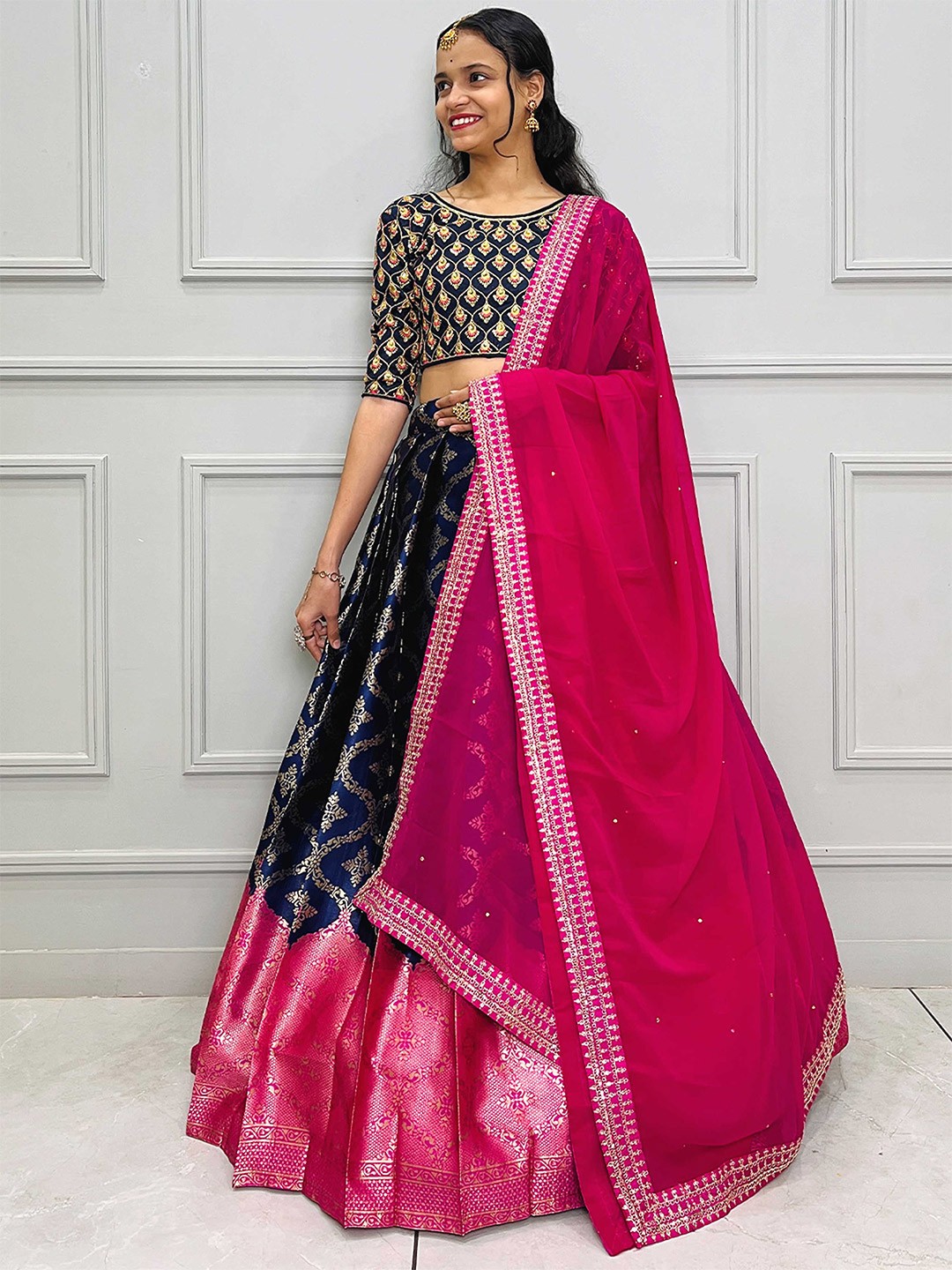 

Fabcartz Embroidered Semi-Stitched Lehenga & Unstitched Blouse With Dupatta, Navy blue