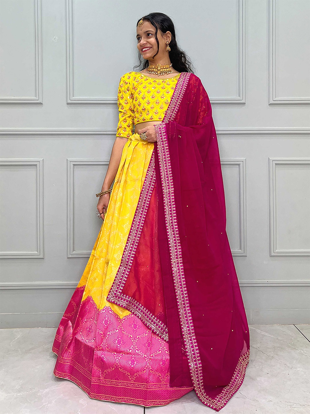 

Fabcartz Embroidered Sequinned Semi-Stitched Lehenga & Unstitched Blouse With Dupatta, Yellow