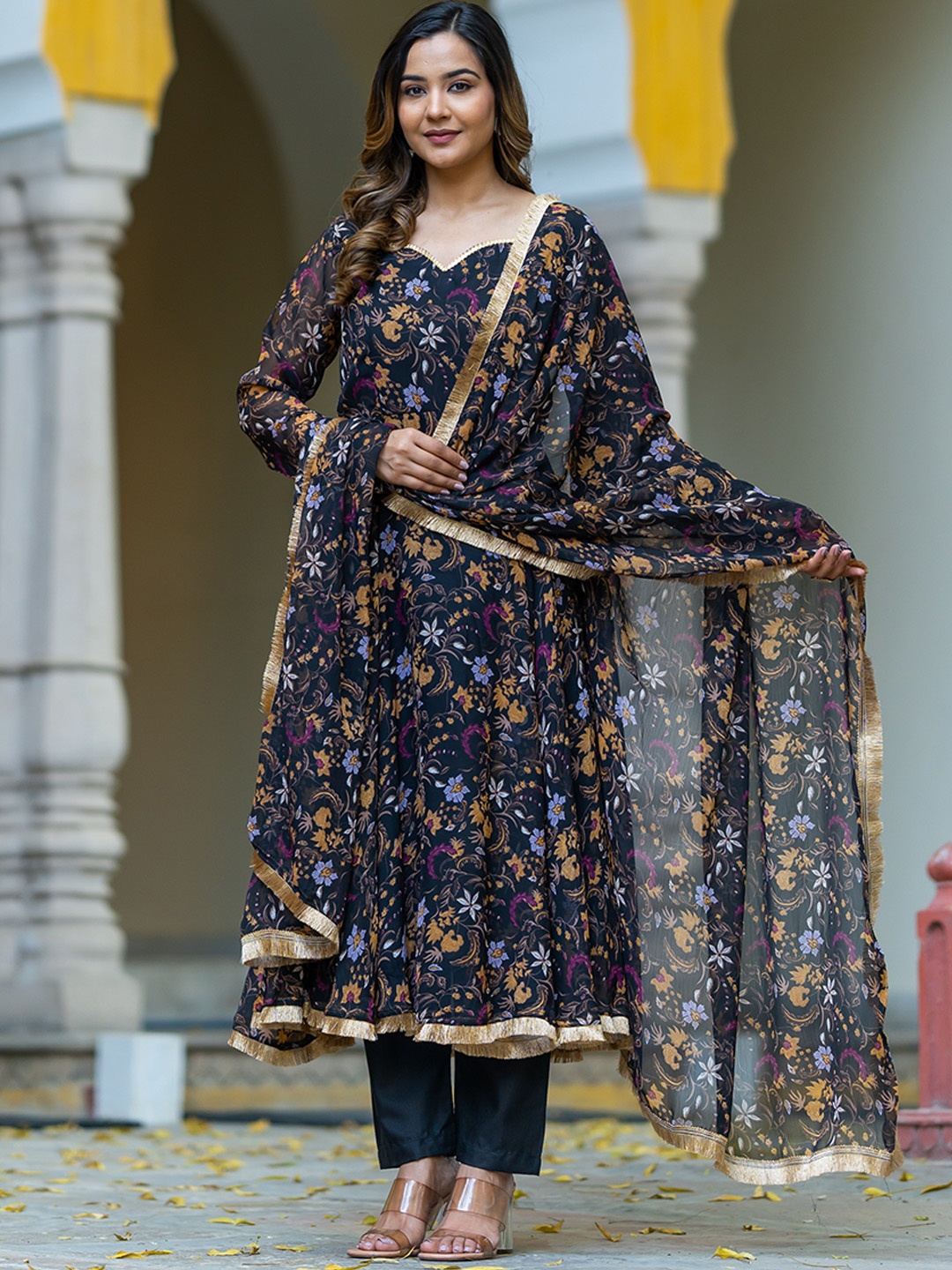 

KALINI Floral Printed Gotta Patti Anarkali Kurta with Trousers & Dupatta, Black