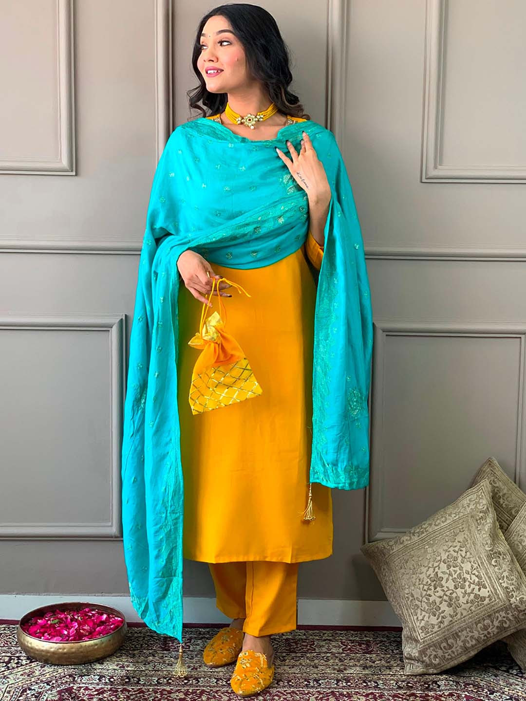 

KALINI Ethnic Motifs Yoke Design Kurta with Trousers & With Dupatta, Yellow