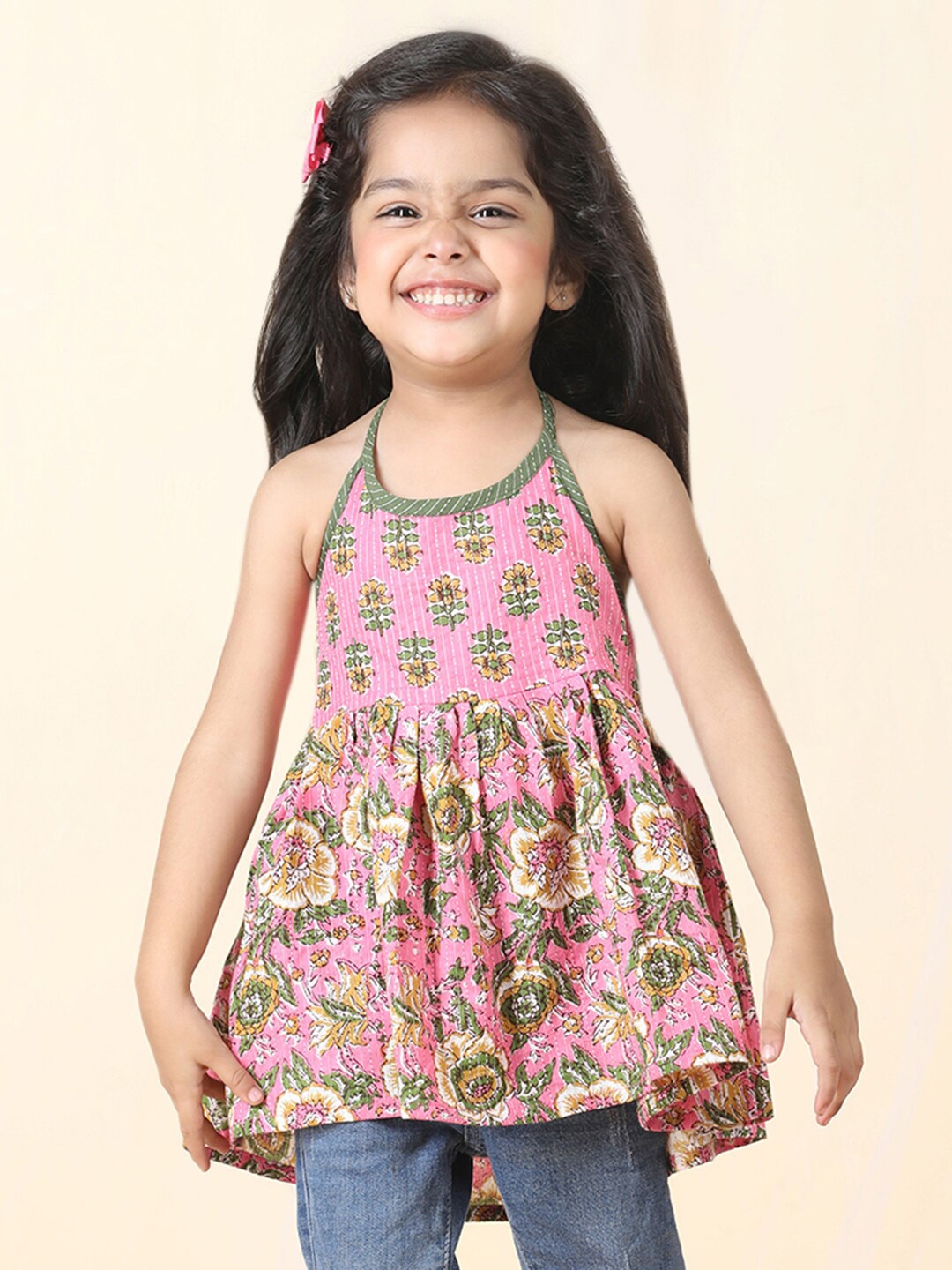 

Sangria Girls Floral Printed Pure Cotton Halter Neck Empire Top, Pink