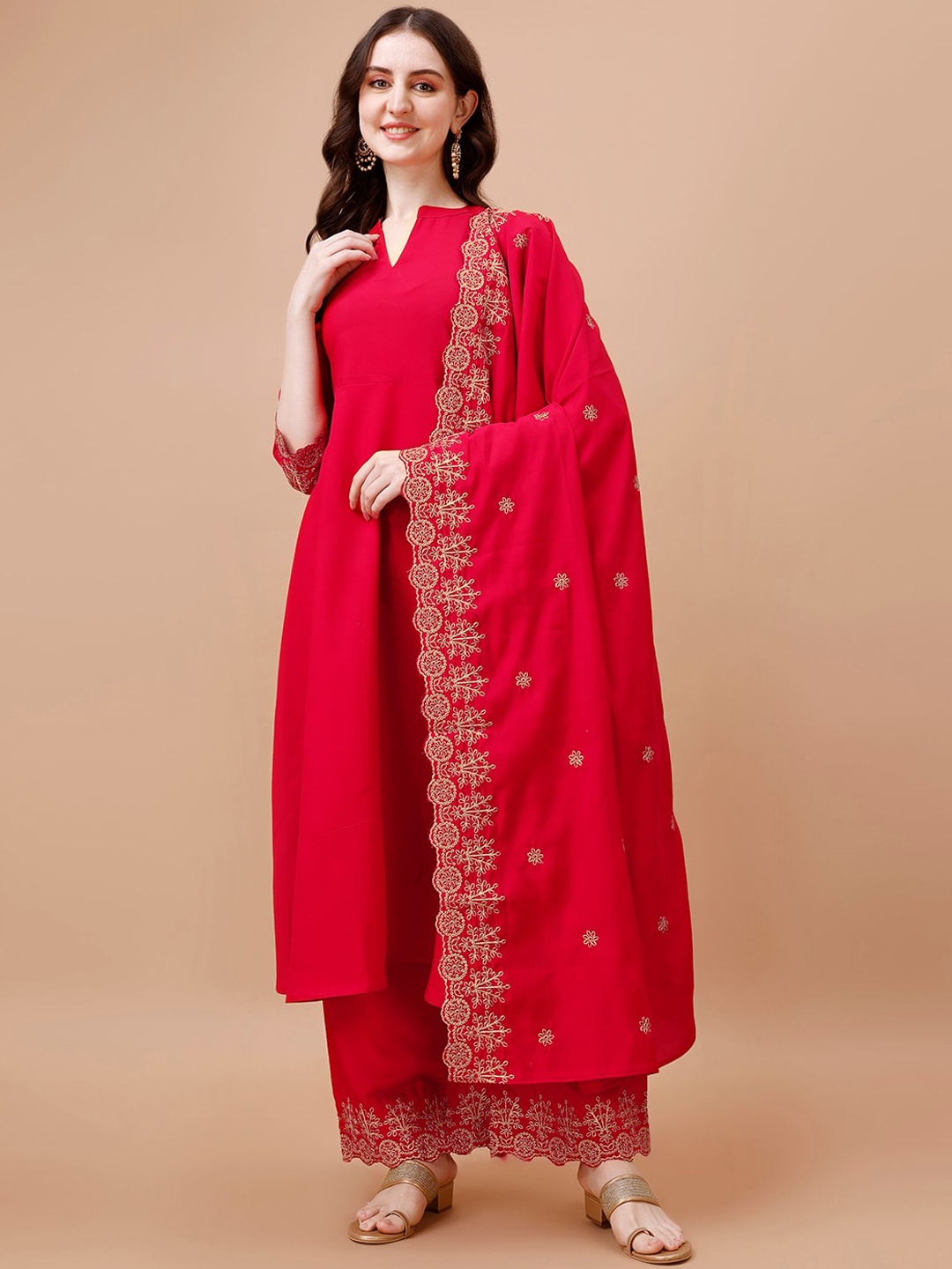 

KALINI Anarkali Regular Thread Work Kurta with Palazzos & Dupatta, Red