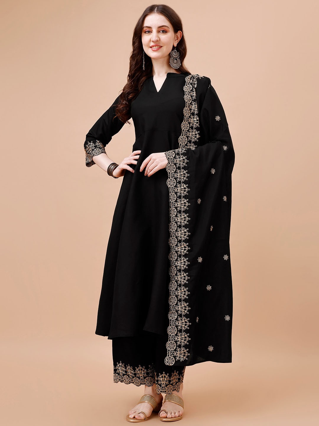 

KALINI Mandarin Collar Thread Work Anarkali Kurta with Palazzos & With Dupatta, Black