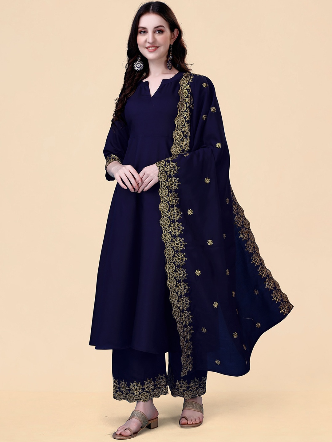

KALINI Ethnic Motifs Embroidered Regular Kurta with Palazzos & Dupatta, Blue