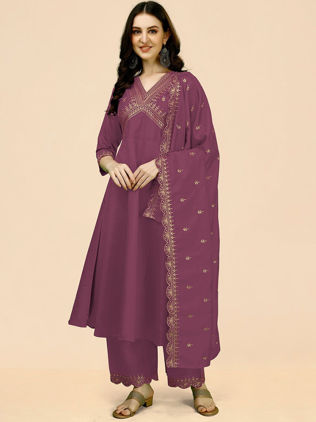 

KALINI Ethnic Motifs Embroidered Empire Anarkali Kurta with Palazzos & Dupatta, Purple