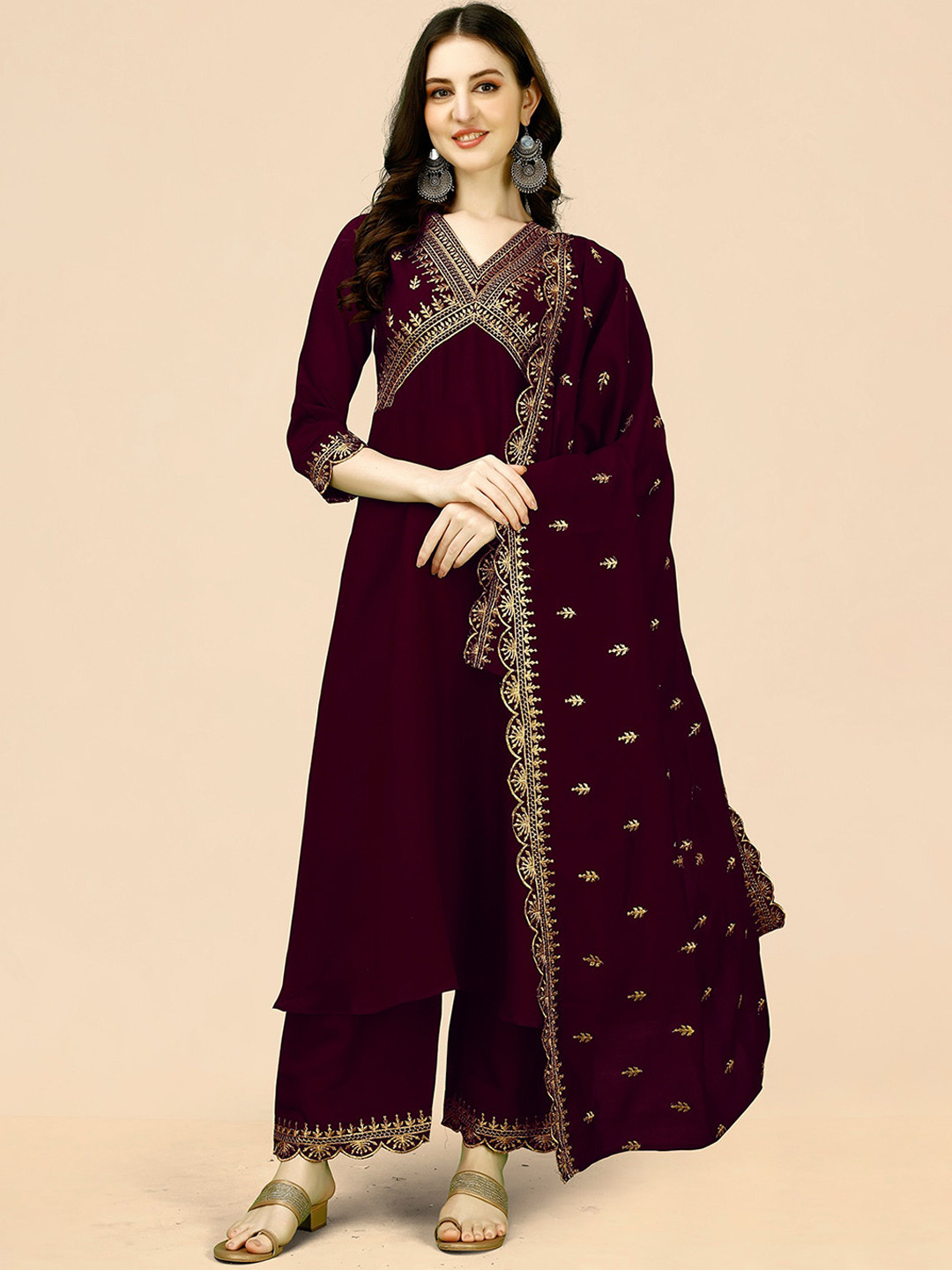 

KALINI Ethnic Motifs Embroidered Empire Anarkali Kurta with Palazzos & Dupatta, Purple