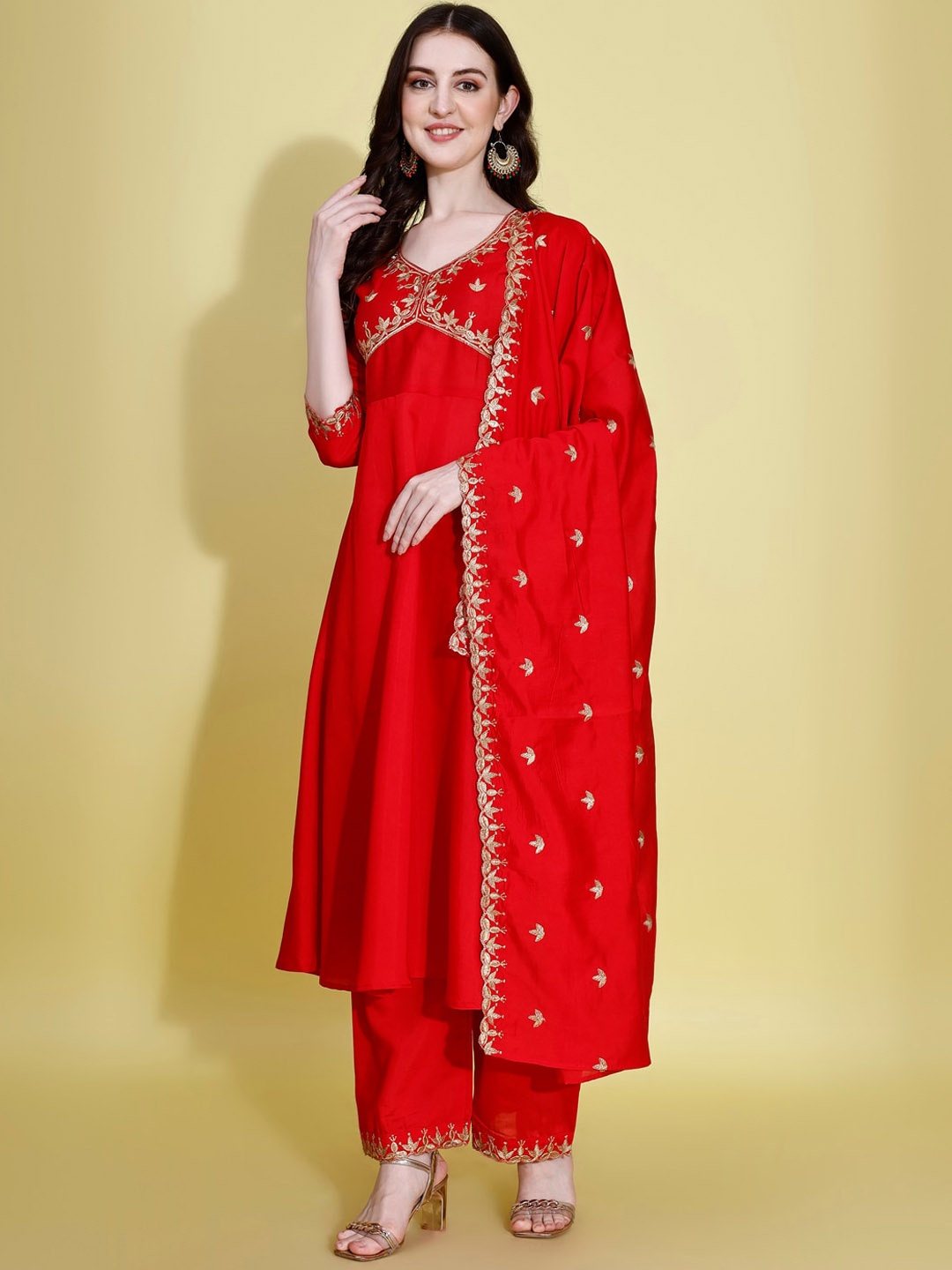 

KALINI Ethnic Motifs Embroidered Anarkali Kurta with Palazzos & Dupatta, Red