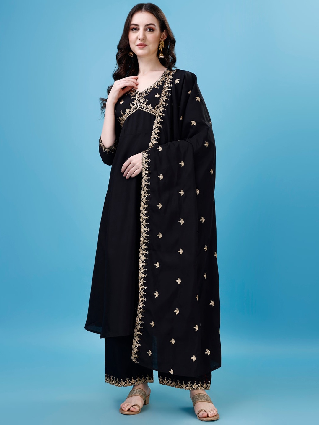 

KALINI Ethnic Motifs Embroidered Anarkali Kurta with Palazzos & With Dupatta, Black