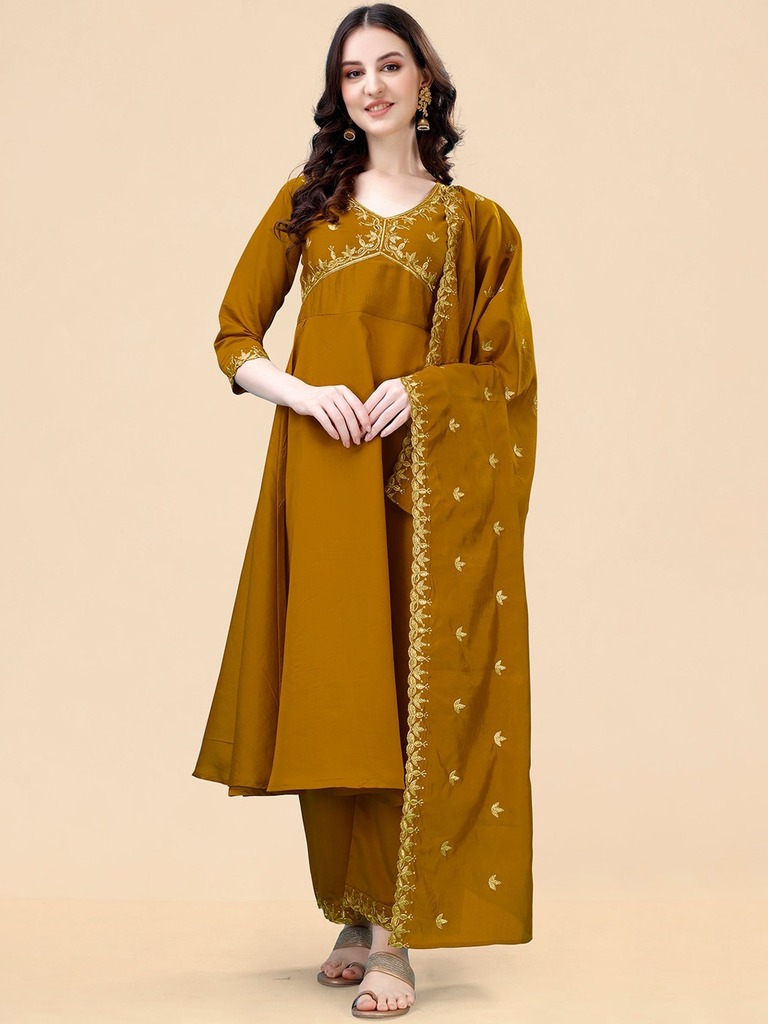 

KALINI Ethnic Motifs Embroidered Empire Anarkali Kurta with Palazzos & Dupatta, Yellow