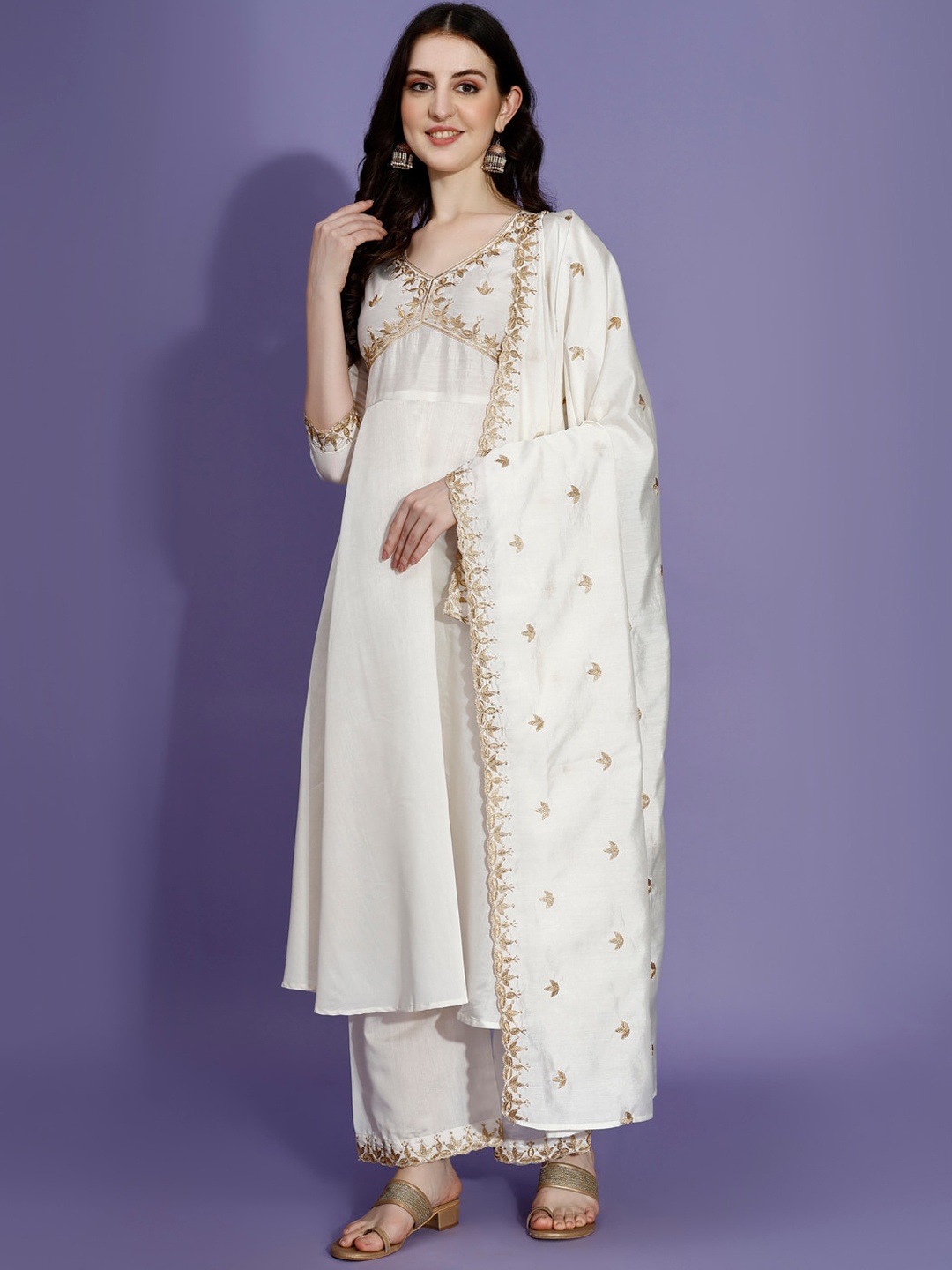 

KALINI Ethnic Motifs Embroidered Anarkali Kurta with Palazzos & Dupatta, White