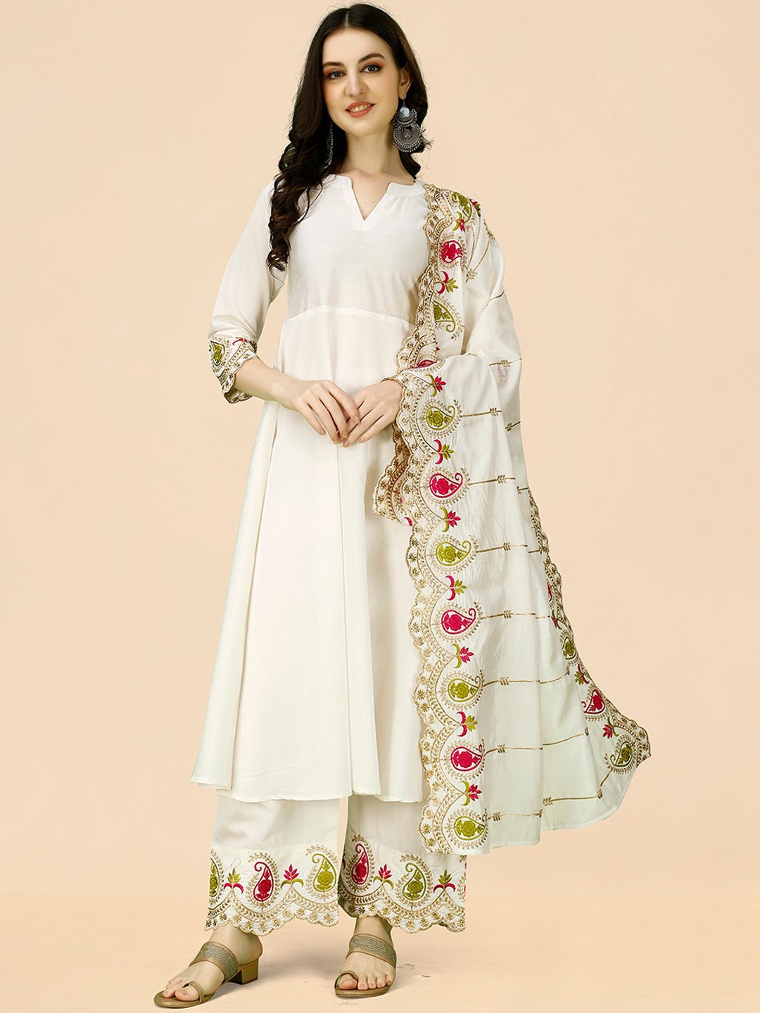 

KALINI Embroidered Mandarin Collar Anarkali Thread Work Kurta with Palazzos & Dupatta, White