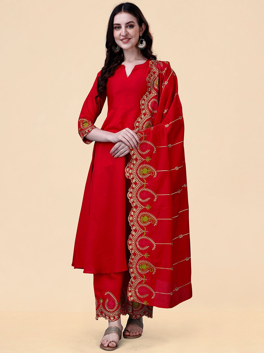 

KALINI Ethnic Motifs Embroidered Anarkali Kurta with Palazzos & With Dupatta, Red