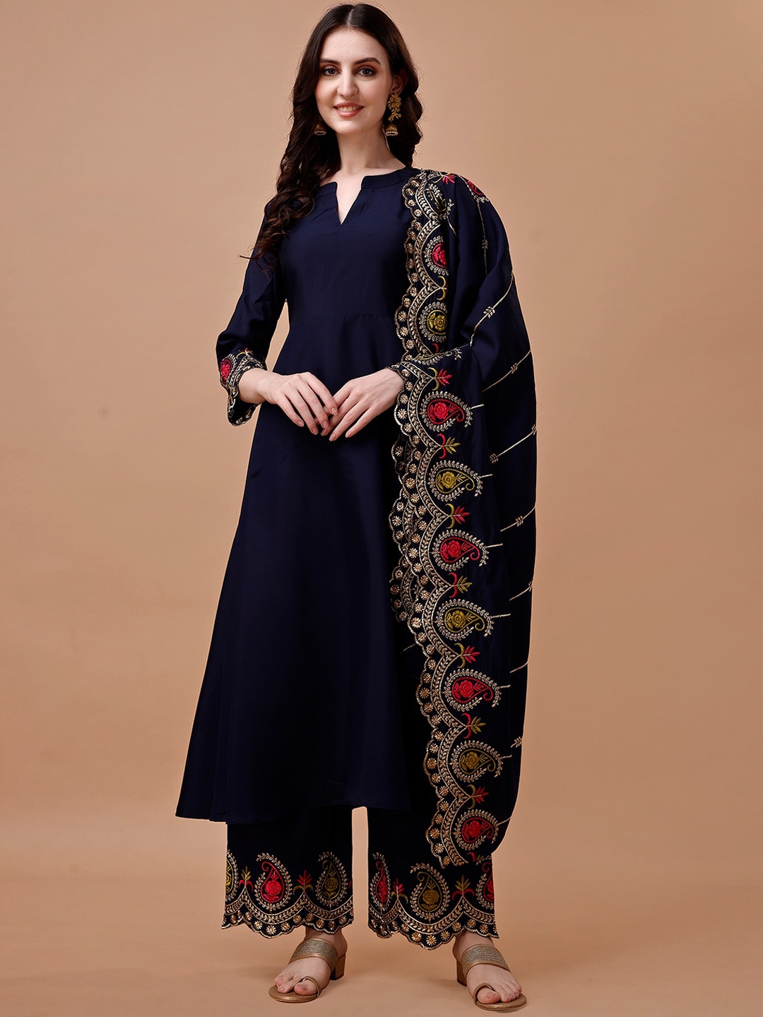 

KALINI Mandarin Collar Thread Work Anarkali Kurta with Palazzos & With Dupatta, Blue