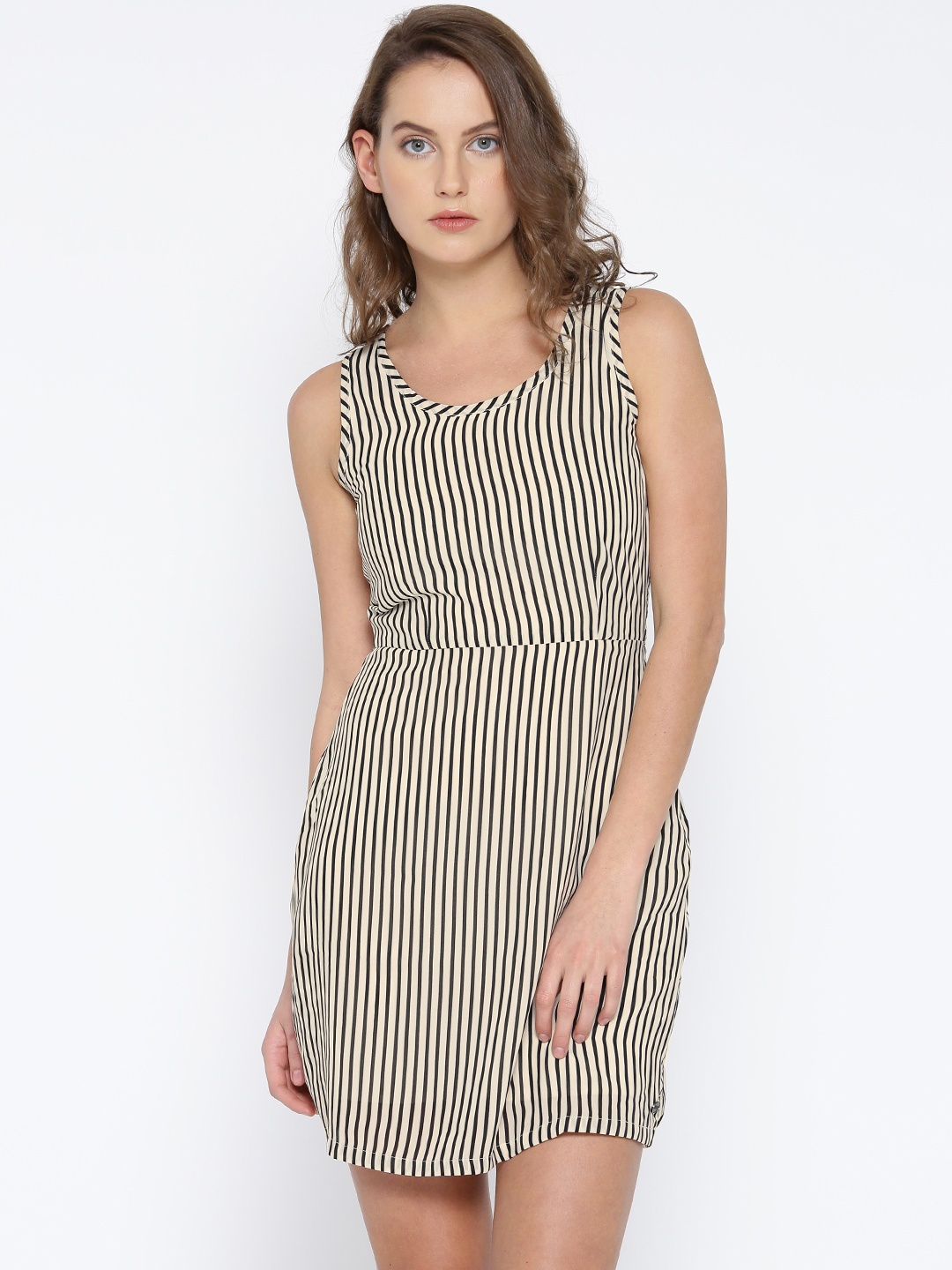 

U.S. Polo Assn. Women Beige & Black Striped A-Line Dress