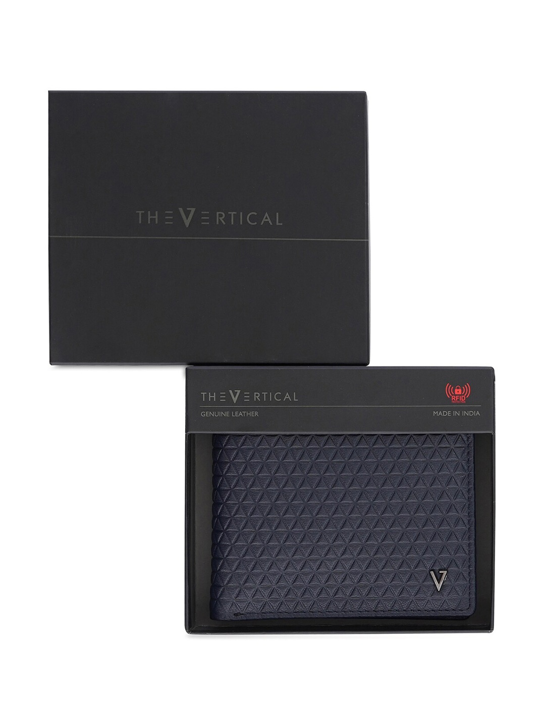 

THe VerTicaL Men Geometric Textured Leather Two Fold Wallet, Navy blue