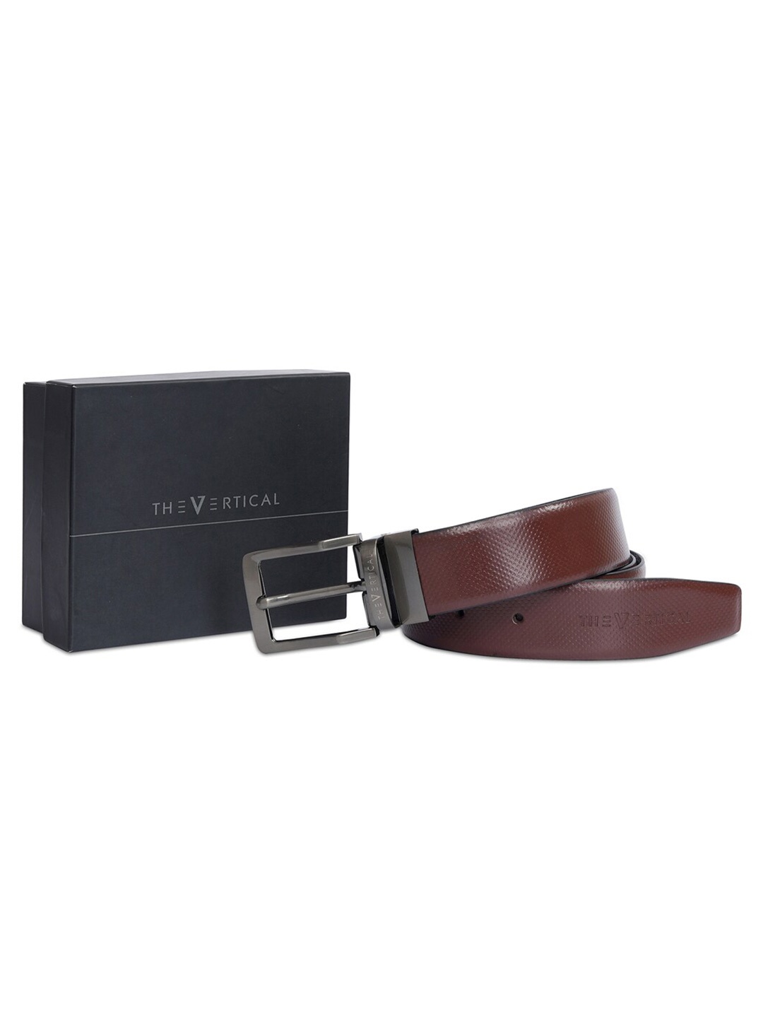 

THe VerTicaL Men Textured Genuine Leather Reversible Formal Belt, Brown