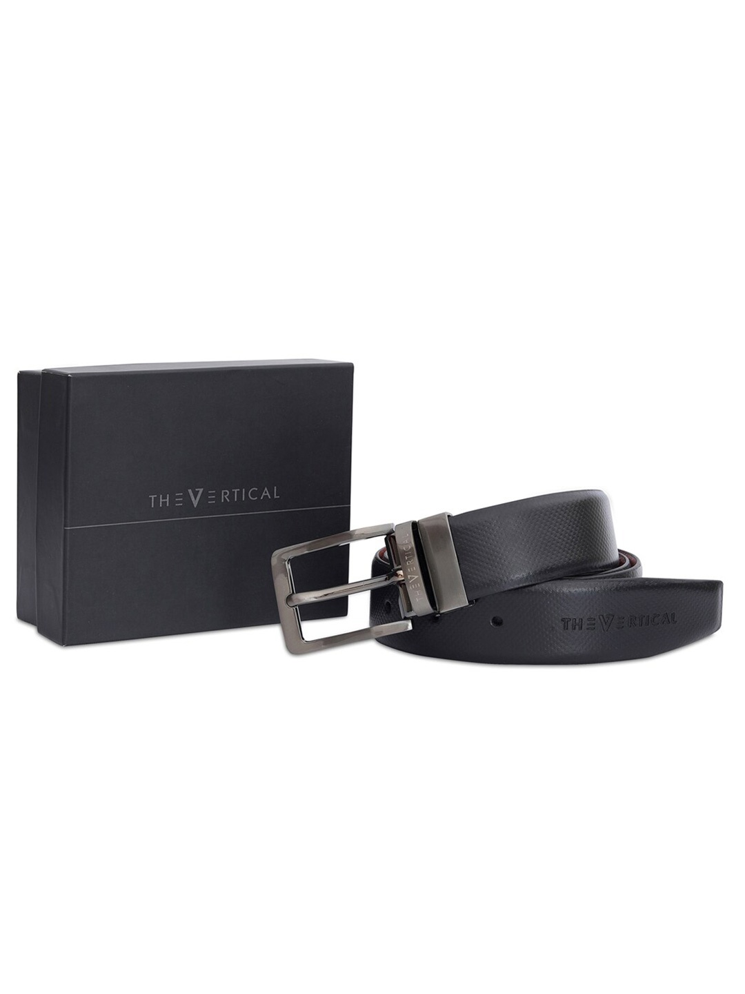 

THe VerTicaL Men Textured Genuine Leather Reversible Formal Belt, Black