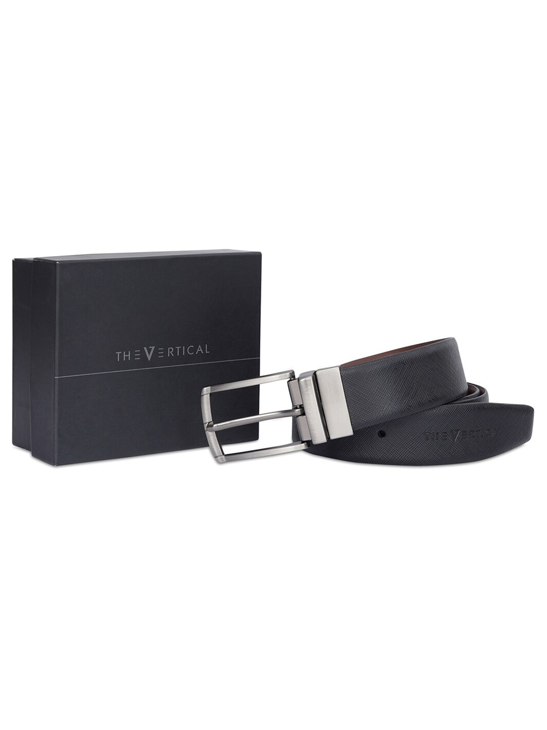 

THe VerTicaL Men Textured Genuine Leather Reversible Formal Belt, Black