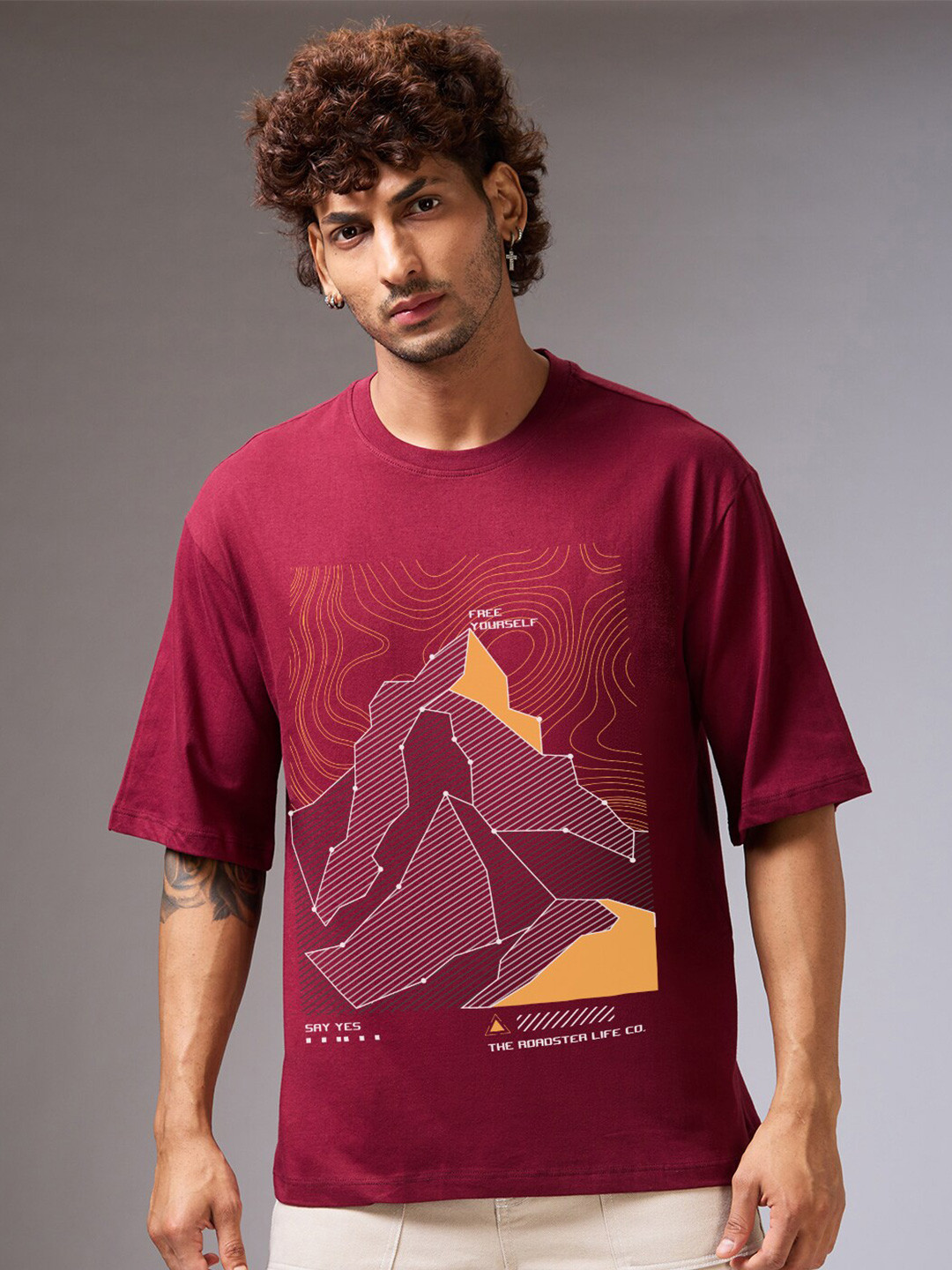 

The Roadster Lifestyle Co. Maroon Graphic Printed Cotton Oversized T-Shirt