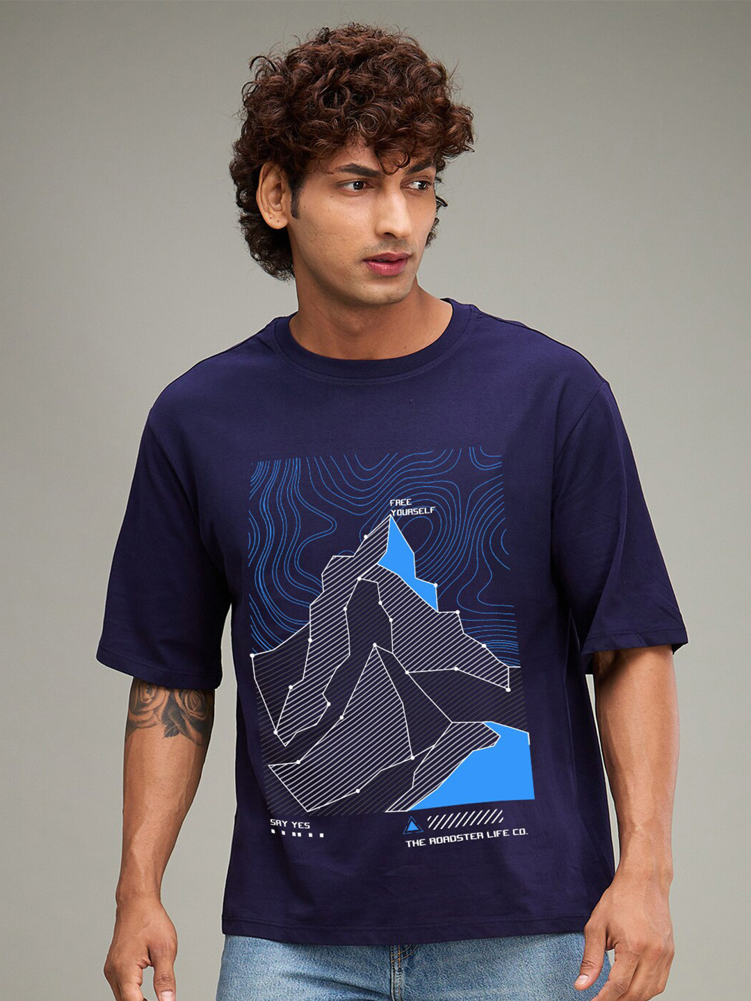 

The Roadster Lifestyle Co. Navy Blue Graphic Printed Cotton Oversized T-Shirt