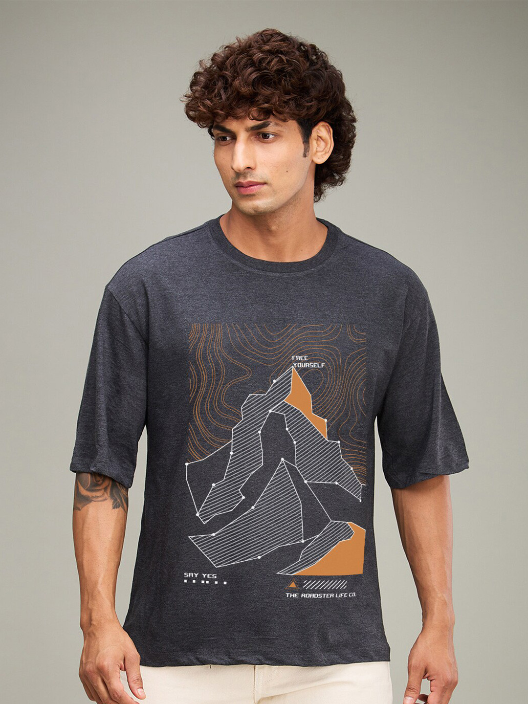 

The Roadster Lifestyle Co. Charcoal Graphic Printed Cotton Oversized T-Shirt
