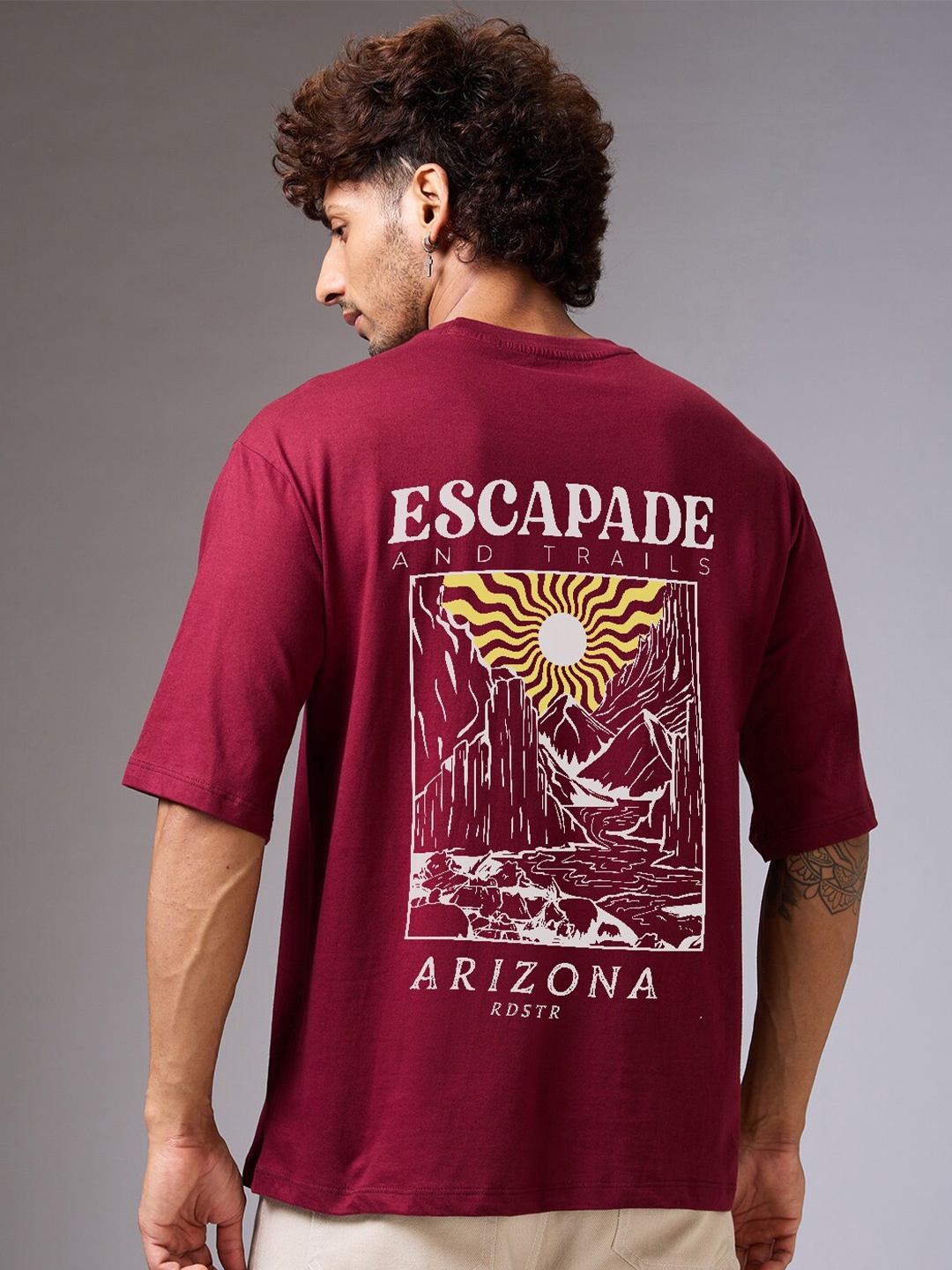 

The Roadster Lifestyle Co. Maroon Graphic Printed Cotton Oversized T-Shirt