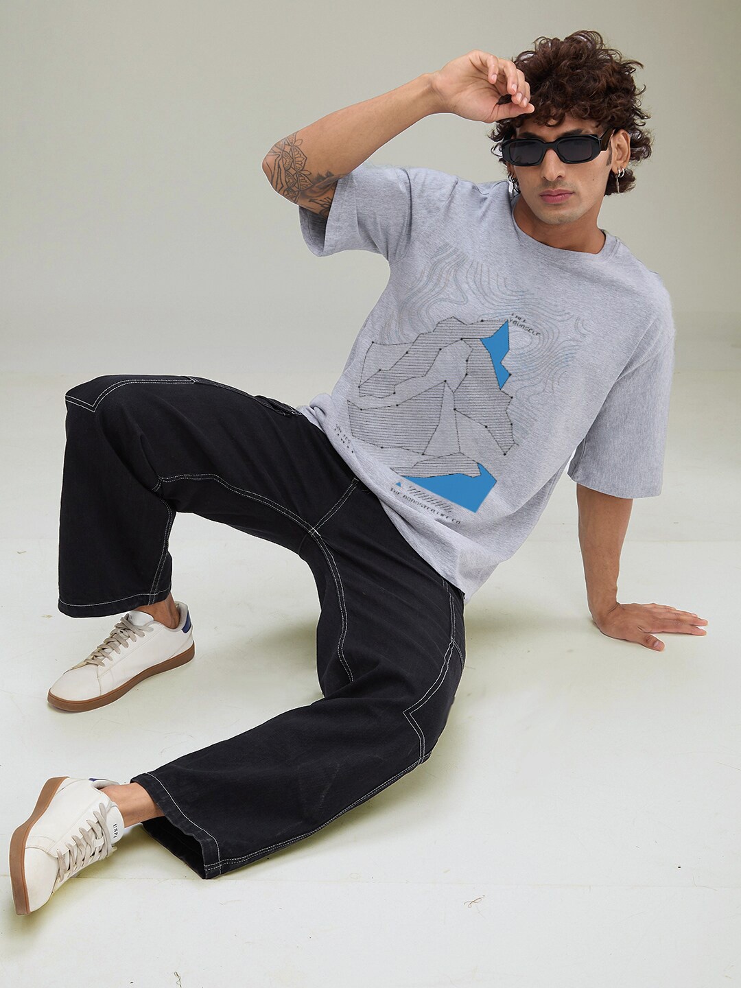 

The Roadster Lifestyle Co. Grey Melange Graphic Printed Cotton Oversized T-Shirt