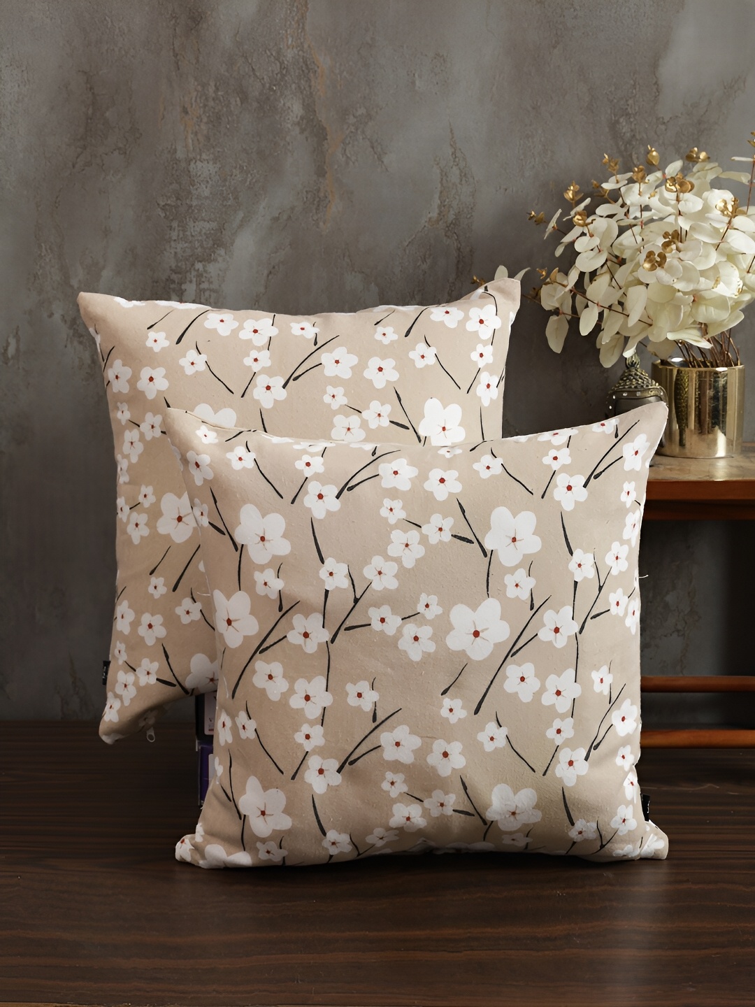 

Aura Beige & White 2 Pieces Floral Square Cushion Covers