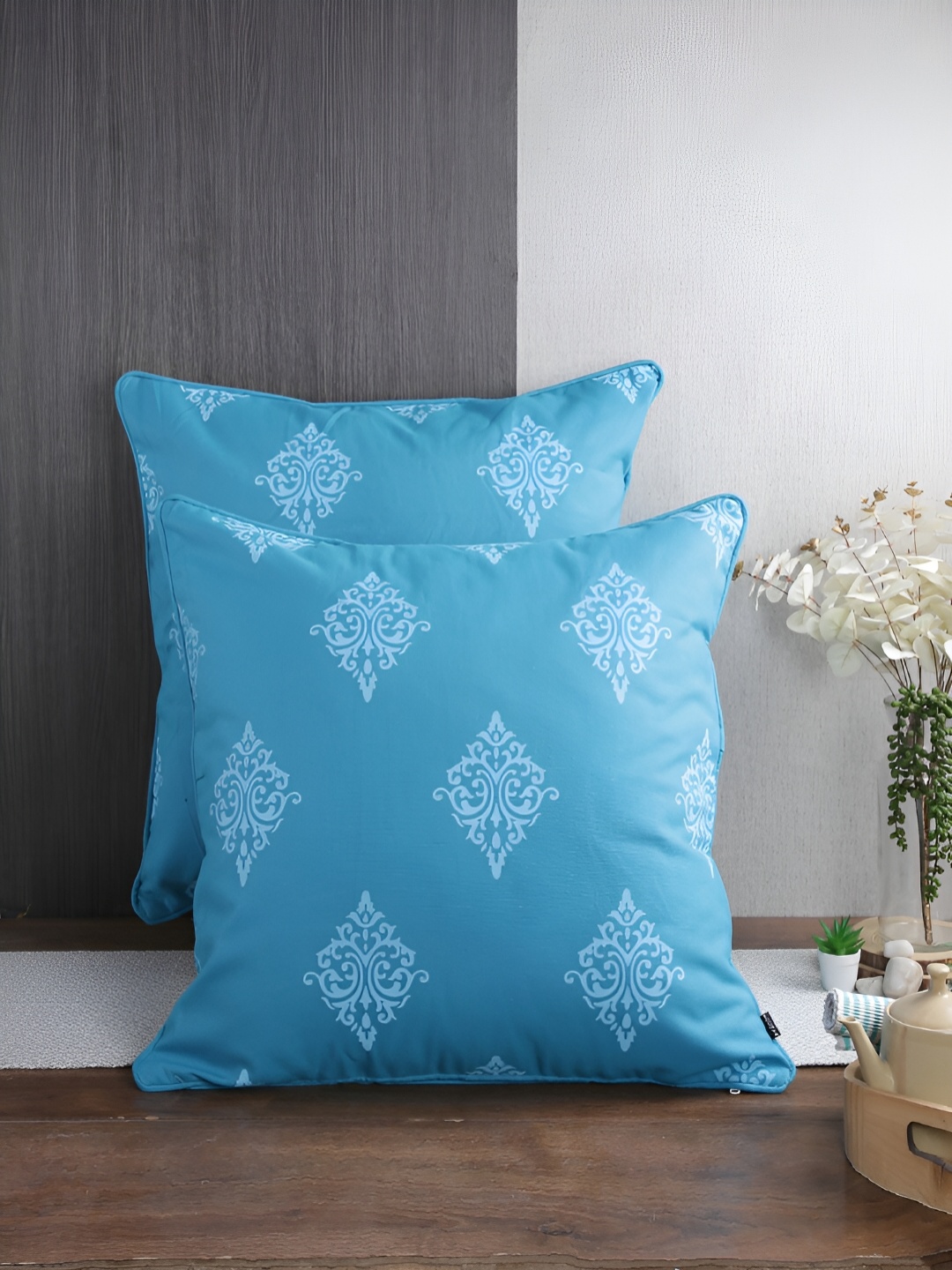 

Aura Turquoise Blue & White 2Pcs Ethnic Motifs Cotton Square Cushion Covers