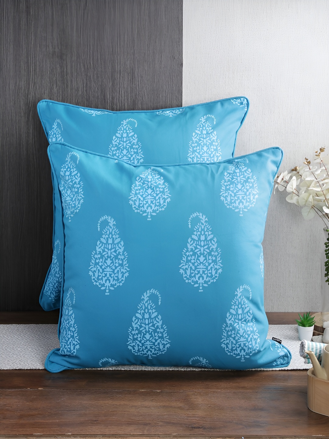 

Aura Turquoise Blue 2 Pieces Floral Square Cushion Covers