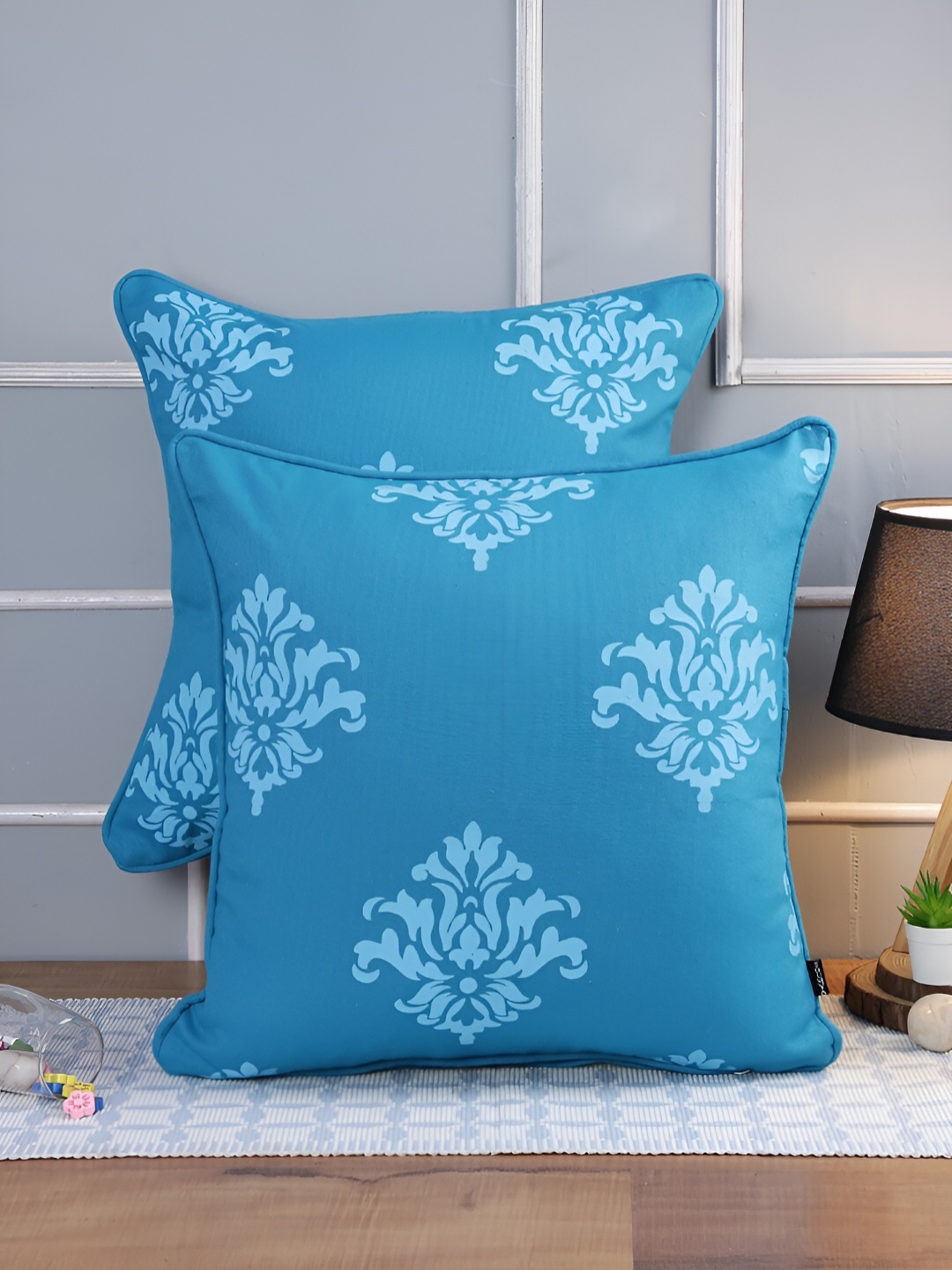 

Aura Turquoise Blue & White 2Pcs Ethnic Motifs Cotton Square Cushion Covers