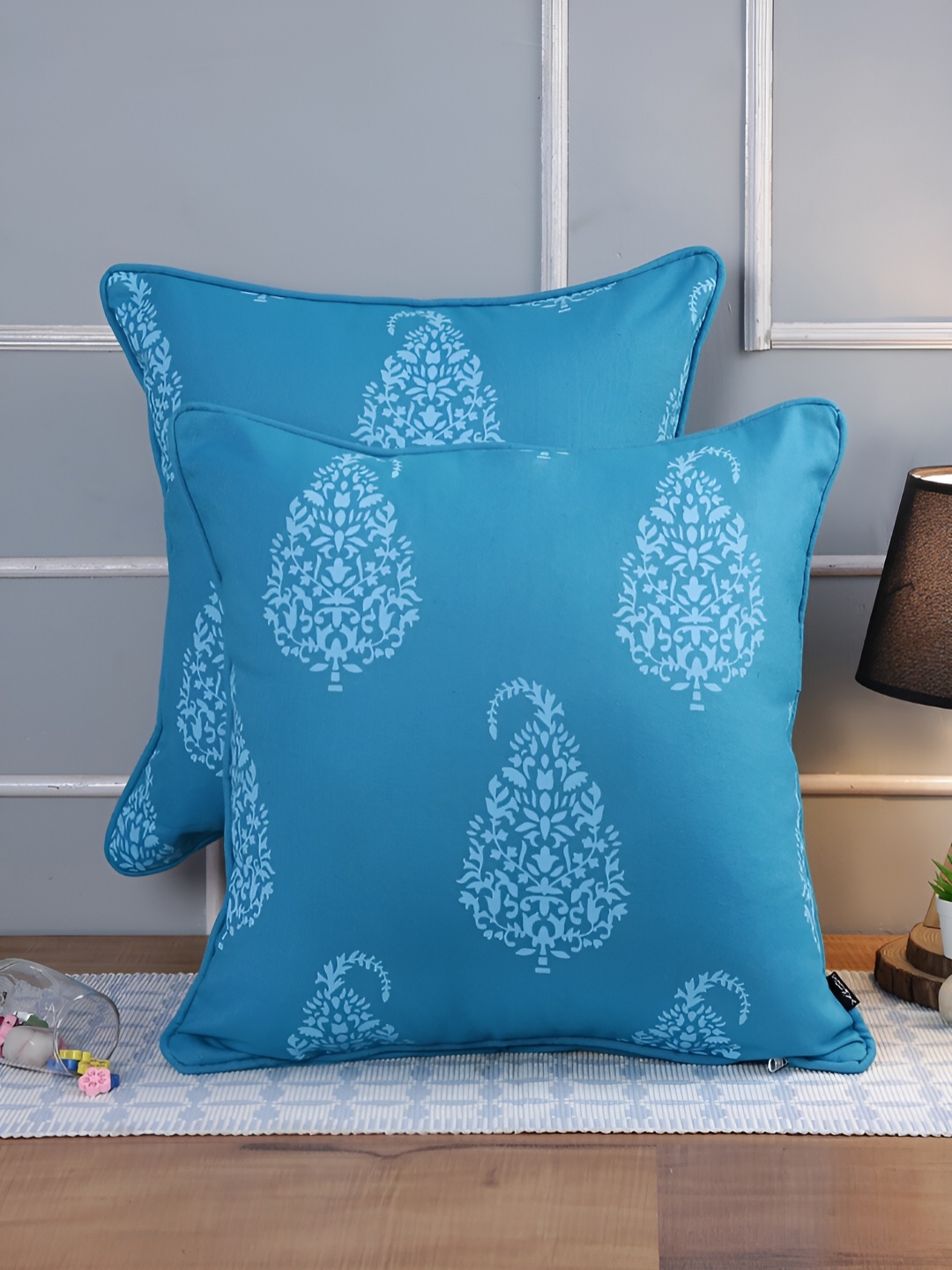 

Aura Turquoise Blue & White 2Pcs Ethnic Motifs Cotton Square Cushion Covers