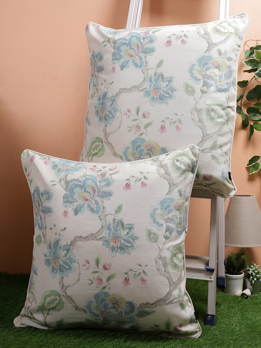 

Aura Turquoise Blue & White 2Pcs Floral Square Cushion Covers
